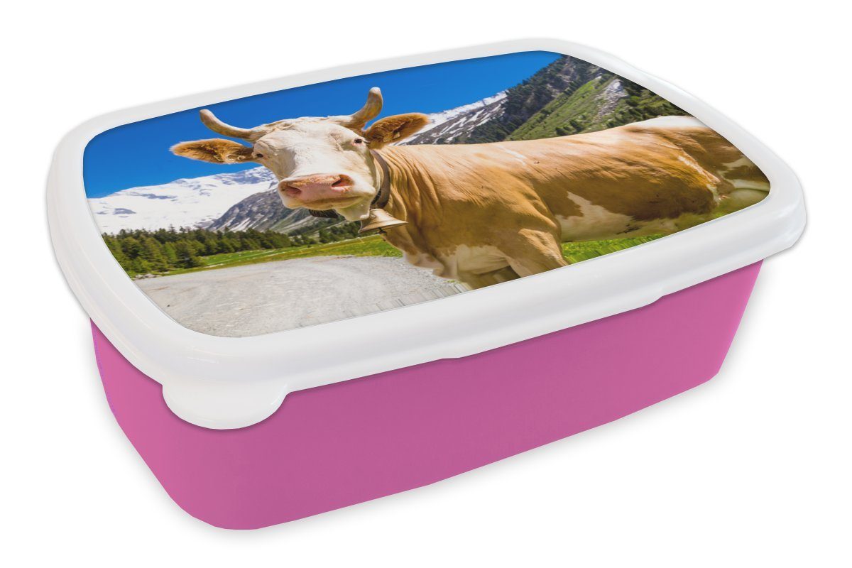 MuchoWow Lunchbox Kuh - Schnee - Alpen, Kunststoff, (2-tlg), Brotbox für Erwachsene, Brotdose Kinder, Snackbox, Mädchen, Kunststoff rosa