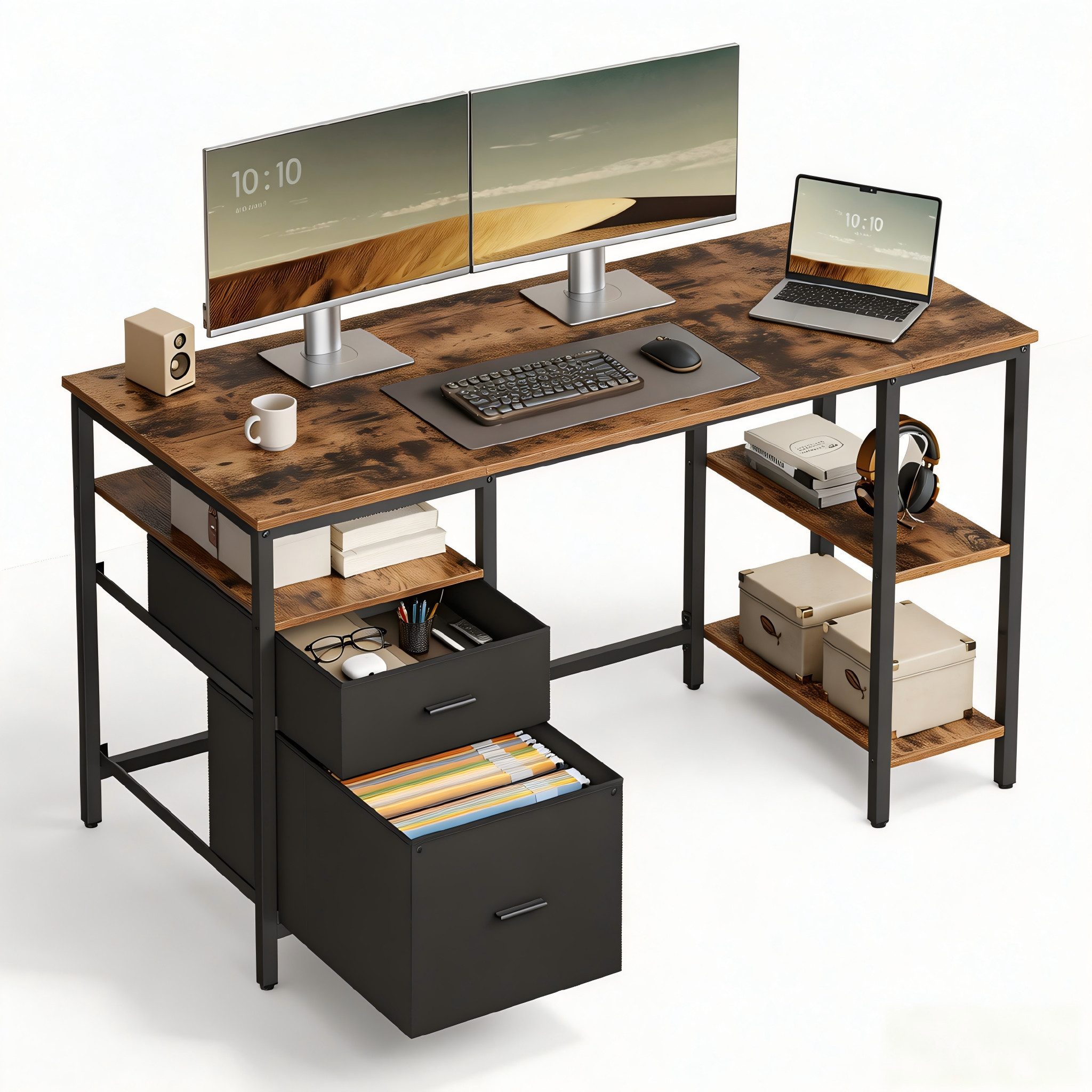 VASAGLE Schreibtisch Computertisch, Bürotisch, mit 3 Ablagen, 2 Schubladen, 140/160 cm