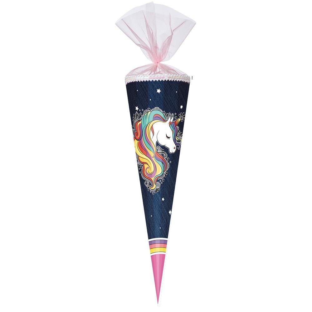 Nestler Schultüte Regenbogen Mähne mit Glitzer, 85 cm, eckig, mit rosafarbigem Organzaverschluss, Einhorn-Motiv