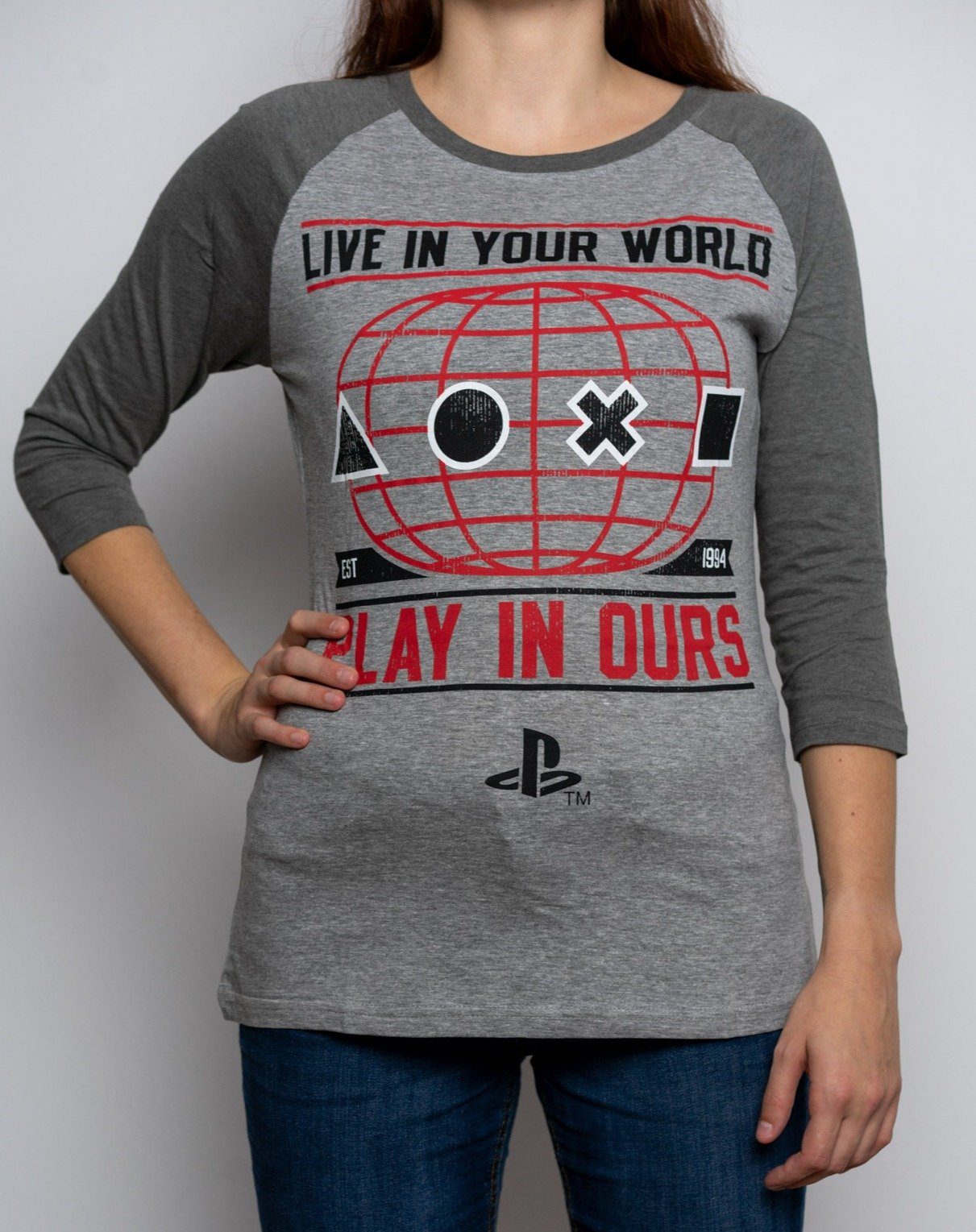 Langarmshirt PLAYSTATION Langarm T-Shirt Mädchen + Damen Lomgsleeve Hellgrau meliert S M L XL XXL