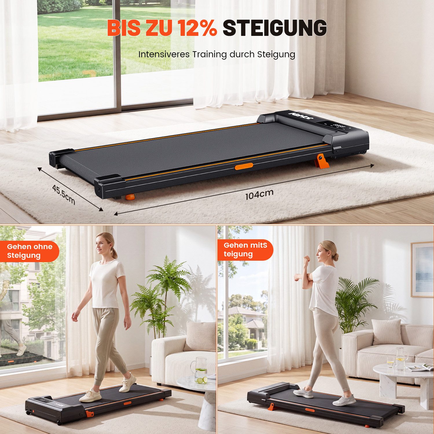 kehot Laufband Walking Pad Laufband mit 12 % Steigung, 1–6 km/h (2 Neigungsstufen und 90 x 40 cm Lauffläche, Nur 10 cm hoch und bis 100 kg belastbar), LED-Display und Fernbedienung für Homeoffice und Zuhause