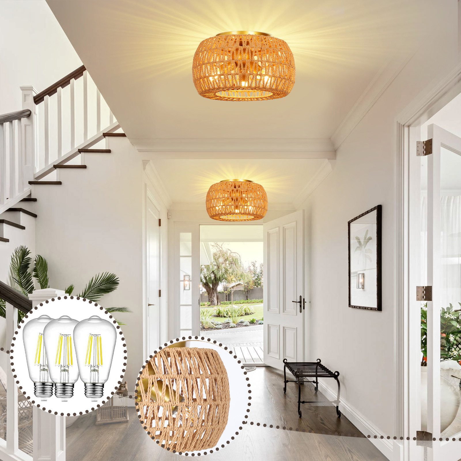 Jibenhome LED Deckenleuchte Rattan-Deckenleuchte 3-flammig, Hängend günstig online kaufen