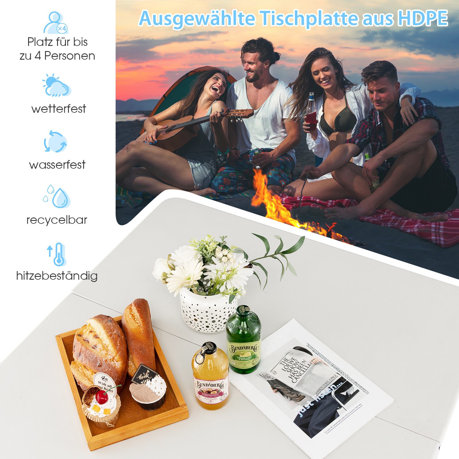 COSTWAY Campingtisch, Klapptisch Balkontisch für 4 Personen, bis 100 kg