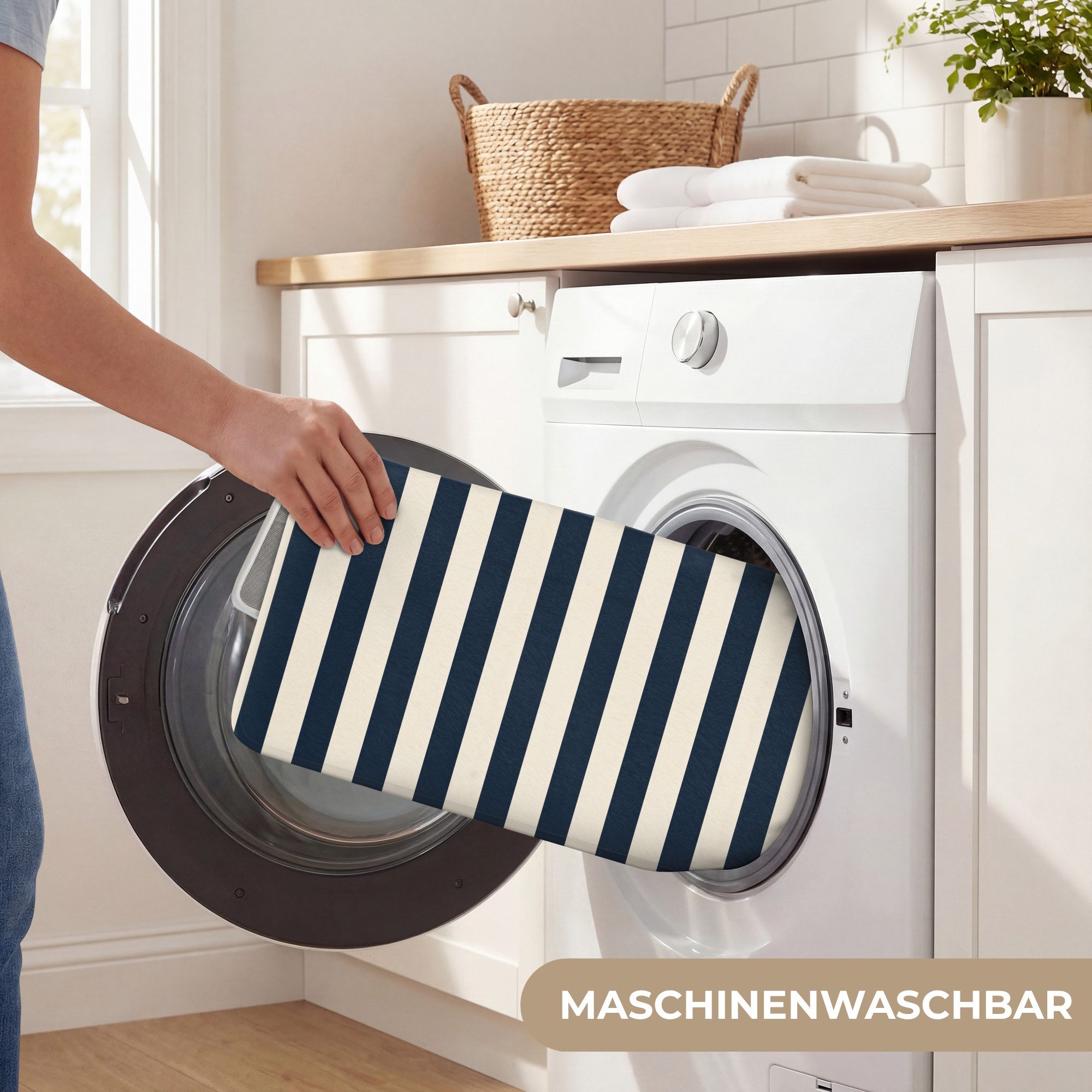 OnlyWow Badematte Vertikale Streifen - Blau - Creme, Höhe 10 mm, Polyester, Rechteckig, Badezimmerteppich, Badteppich, Rutschfest, Badvorleger, Waschbar – Bild 5 von 5