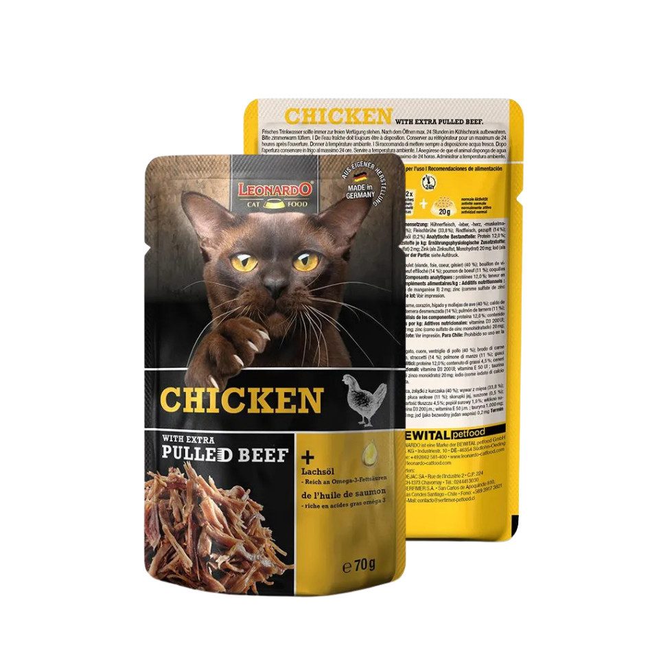 Leonardo Catfood Chicken with extra pulled Beef - Hühnchenpaté mit Rindfleisch 16x70g, Nassfutter für: Katzen