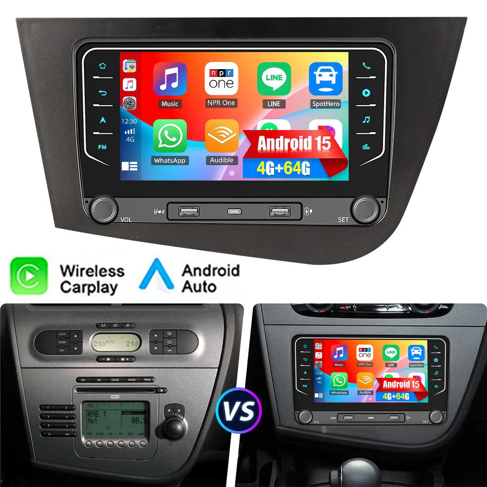 ESSGOO DAB+ Für Seat Leon 1P1 2005-2012 Carplay Android 15 Autoradio GPS Navi Autoradio (RDS, 4+64GB(optional), Digitalradio (DAB), FM, Apple Carplay Android Auto GPS Navi WIFI BT EQ)