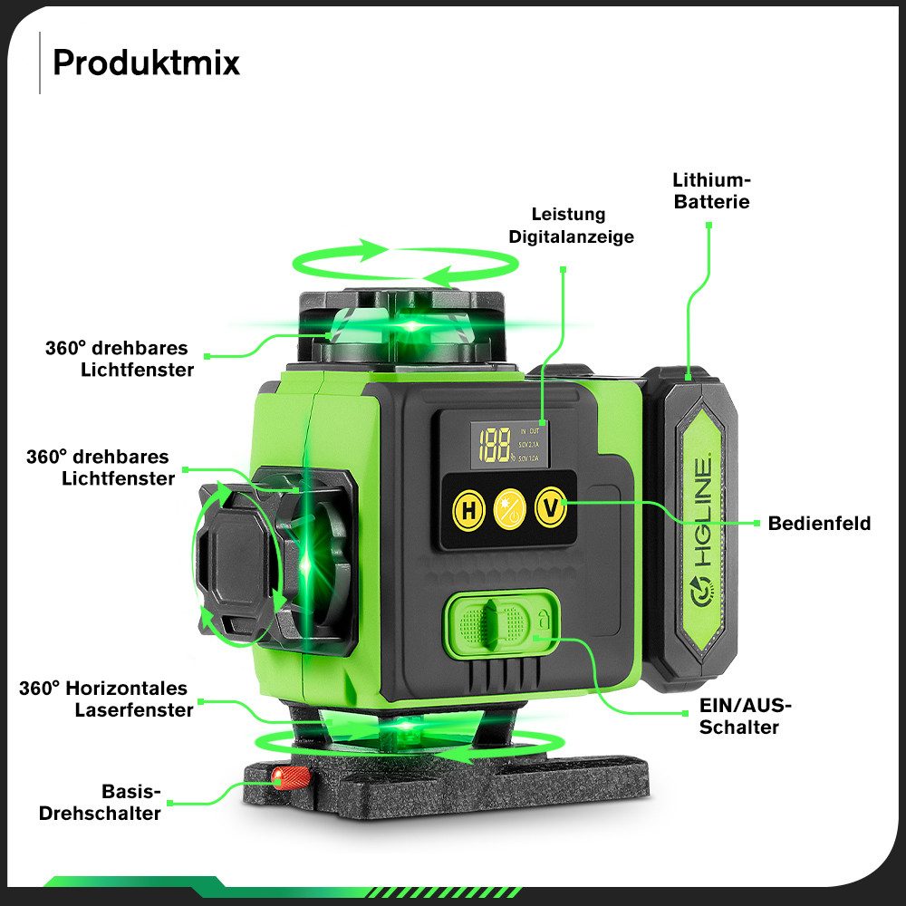 HGLINE Kreuzlinienlaser 16 Linien Nivellierlaser mit stativ 4 x 360 ° Laser wasserwaage, linienlaser kreuzlaser selbstnivellierend Für Inneneinrichtung/DIY – Bild 4 von 5