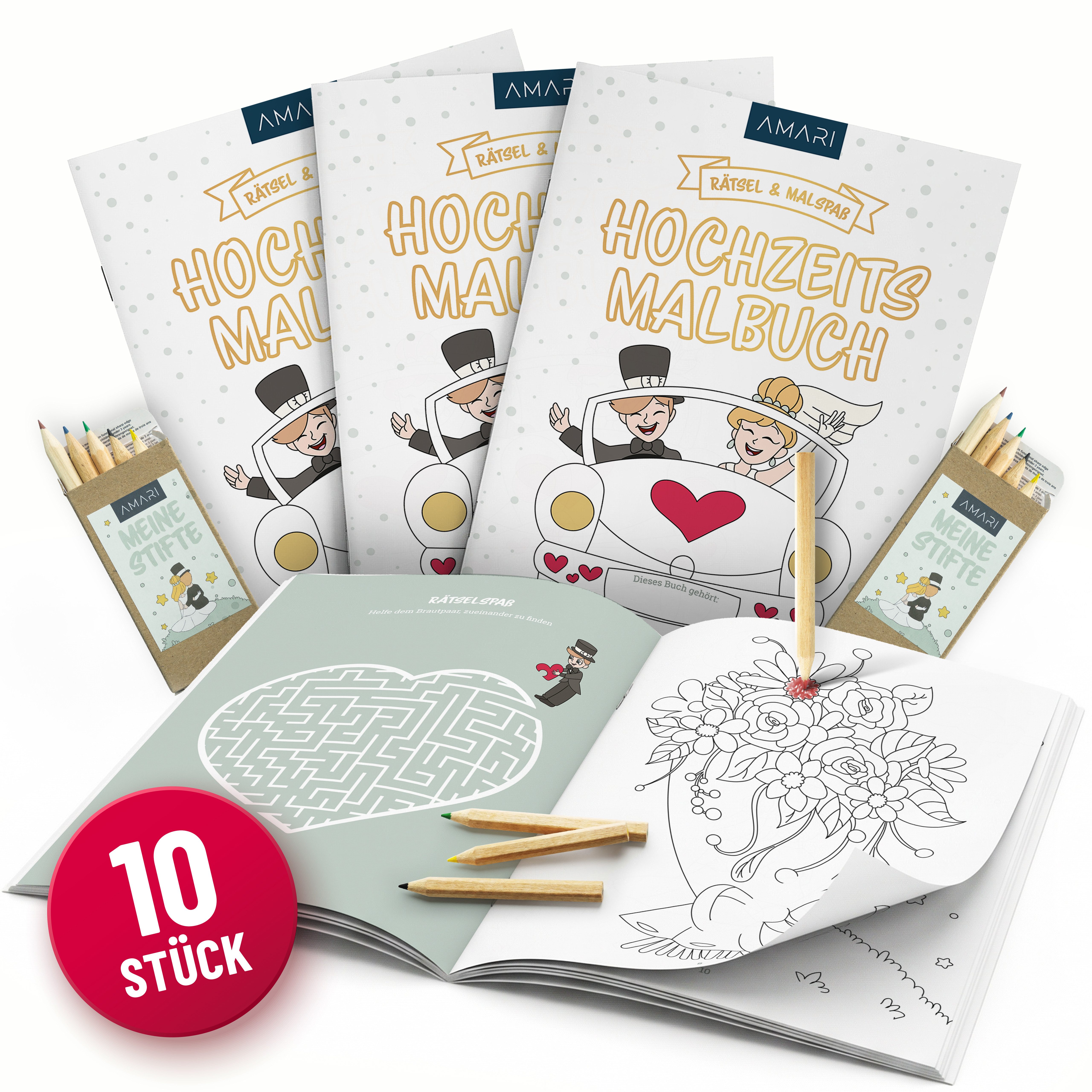 Amari Malvorlage Hochzeitsmalbuch Kinder 10er Set mit Buntstiften, Gastgeschenk (Malbuch-Set, 10 Malbücher à 18 Seiten & 10 Stiftesets in 6 Farben), Ausmalbilder & Rätsel für den Kindertisch, Beschäftigung Hochzeit