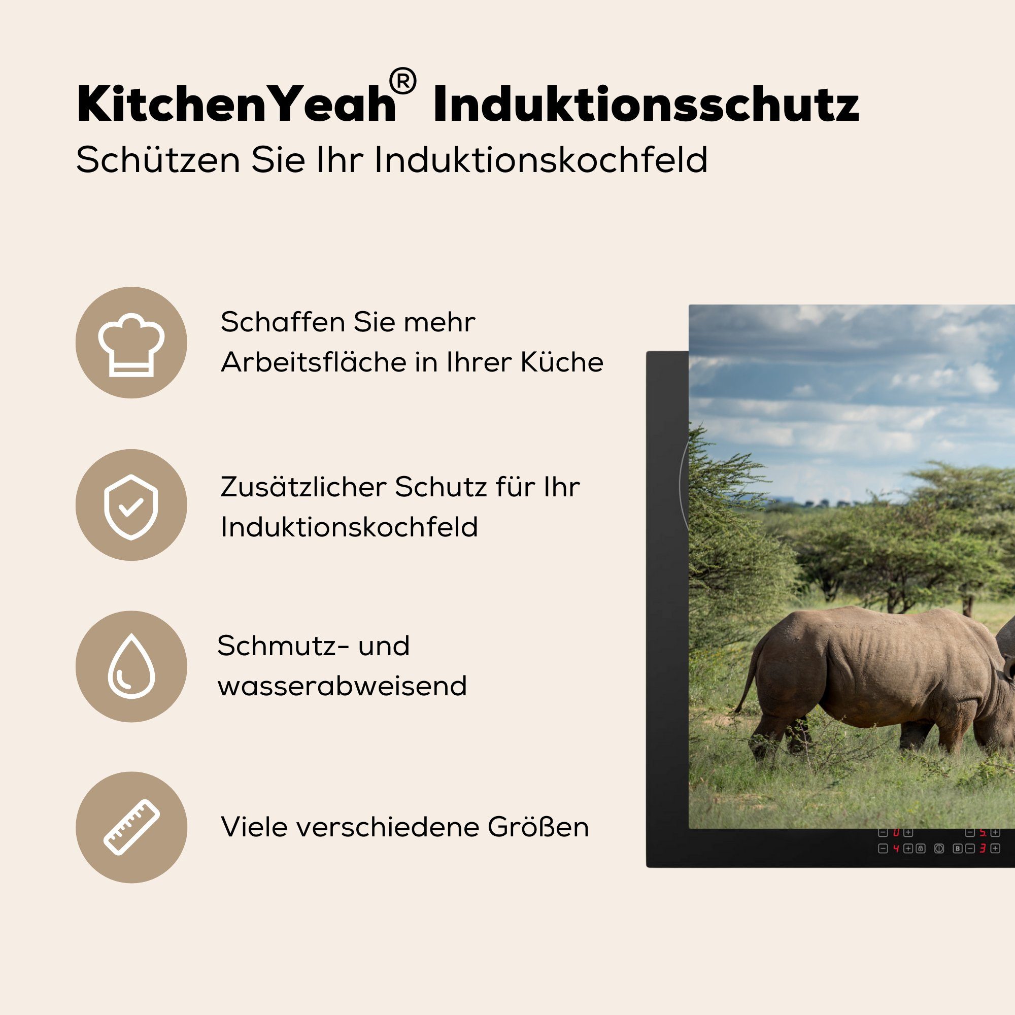 Induktionskochfeld tlg), Schutz (1 MuchoWow 81x52 - die für Afrika, Vinyl, cm, Herdblende-/Abdeckplatte Gras küche, Ceranfeldabdeckung Rhinozeros -