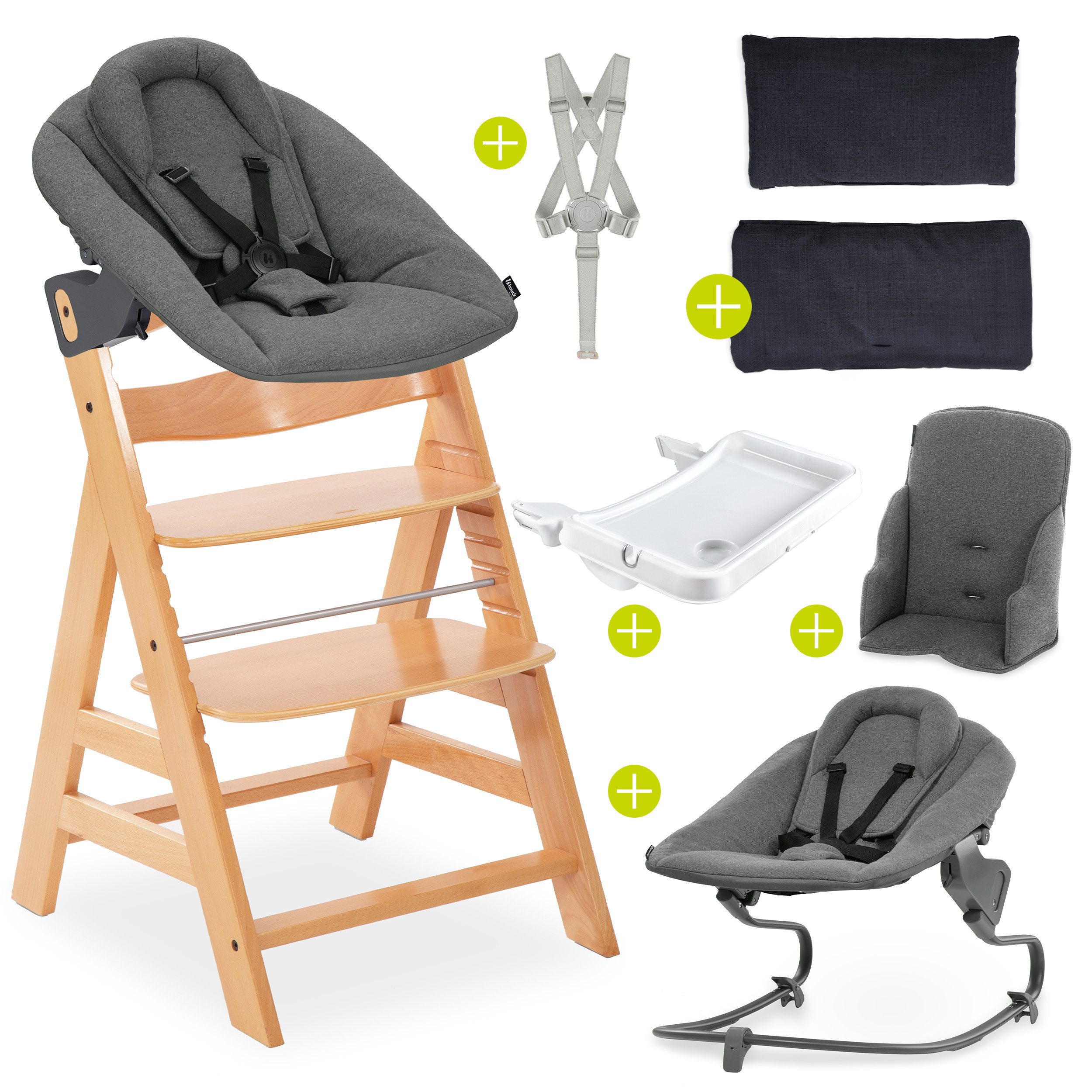 Hauck Hochstuhl Alpha Plus Natur Newborn Set Premium Dark Grey, Babystuhl ab Geburt, Aufsatz für Neugeborene, Essbrett, Sitzauflage