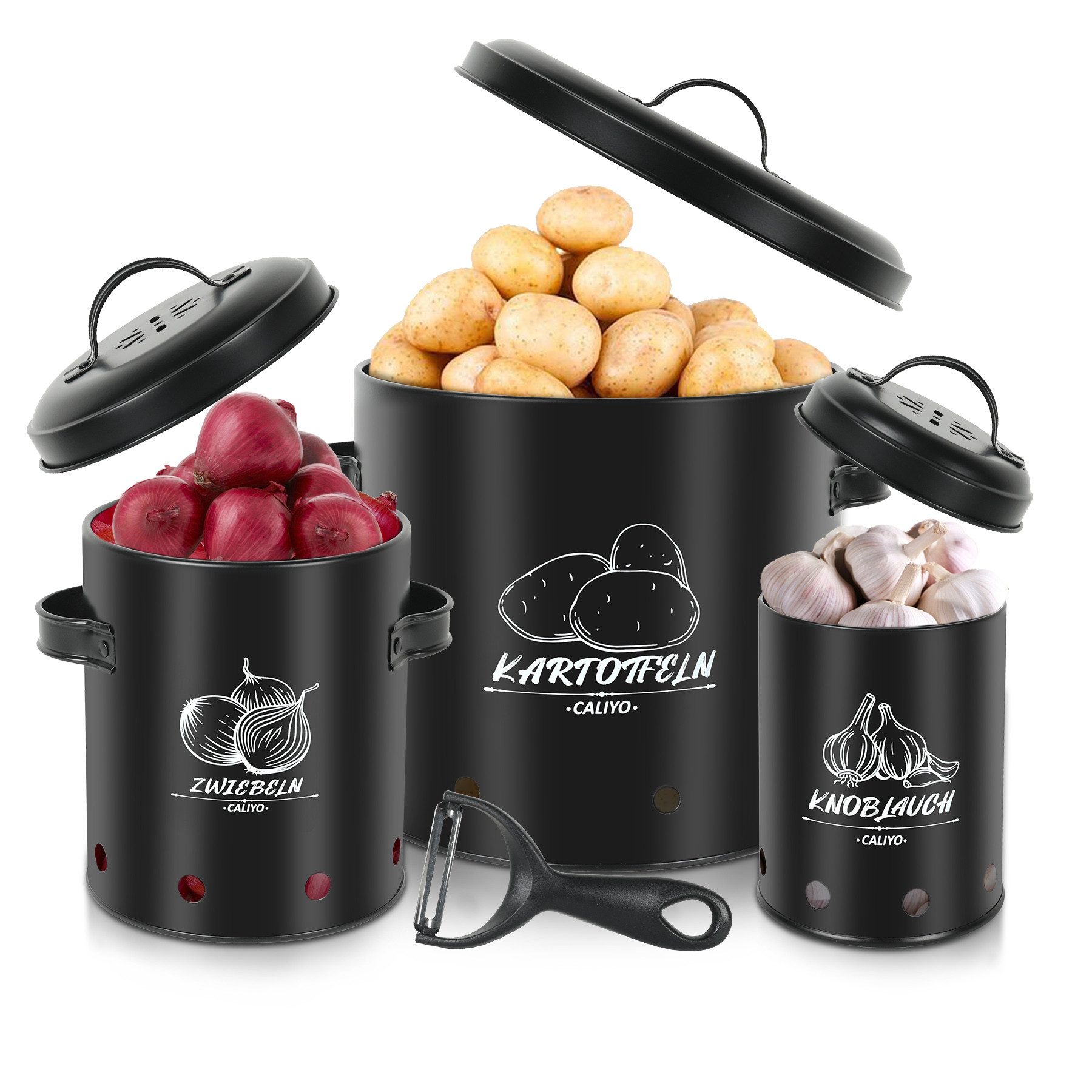 CALIYO Vorratsdose 3 Set Belüfteten Vorratsbehältern Kartoffeln KücheAufbewahrung, (Robust und korrosionsbeständig), kartoffelbox Hält Gemüse Länger Frisch