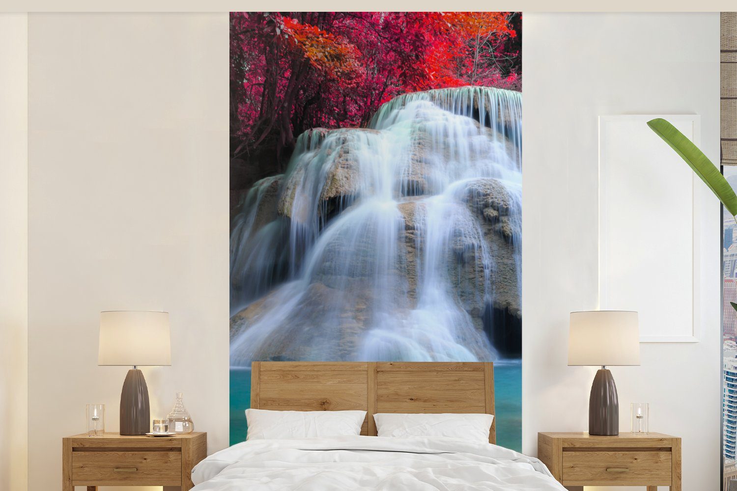 MuchoWow Fototapete Schlafzimmer Bäume für bedruckt, Küche, Wohnzimmer - - - Fototapete Matt, (2 - Landschaft Wasserfall St), Rot Natur, Vliestapete