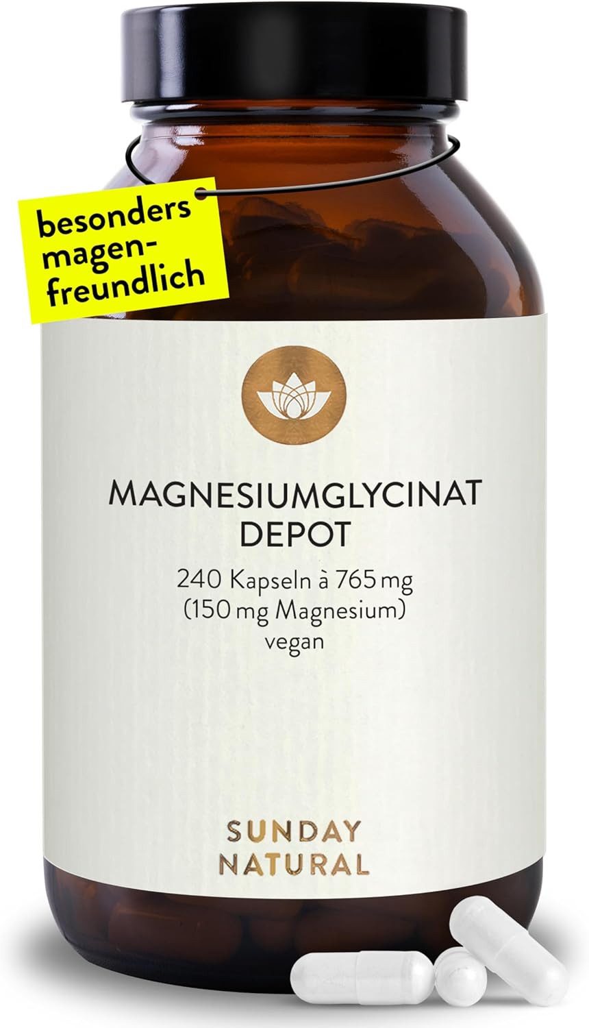 SUNDAY NATURAL Magnesium Bisglycinat - 240 Kapseln - 300mg reines Magnesium Kapseln, 1 er Laborgeprüft, Hohe Bioverfügbarkeit, Magenfreundlich, Vegan à 240 St., 214 g, Magnesiumglycinat als organisches Aminosäurechelat