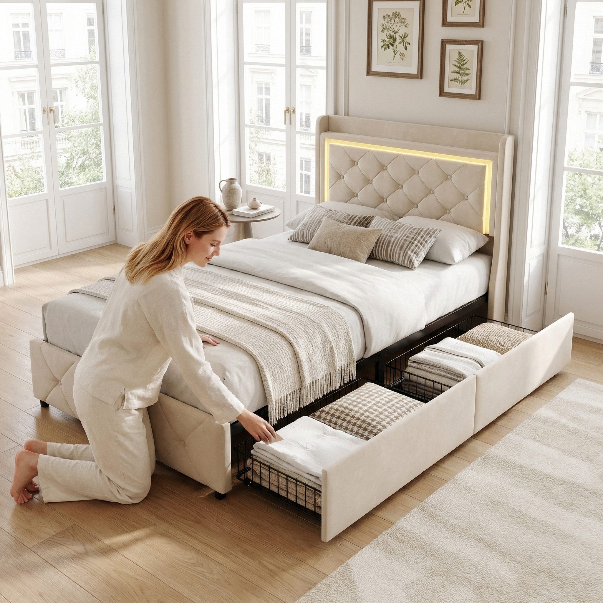 Furnishings Home Polsterbett LED Doppelbett Stauraumbett mit Kopfteil und 4 Schubladen (Samtmaterial Polsterbett mit RGB Beleuchtung), mit Lattenrost und Ladefunktion, mit Komforthöhe, Leises Design Bett