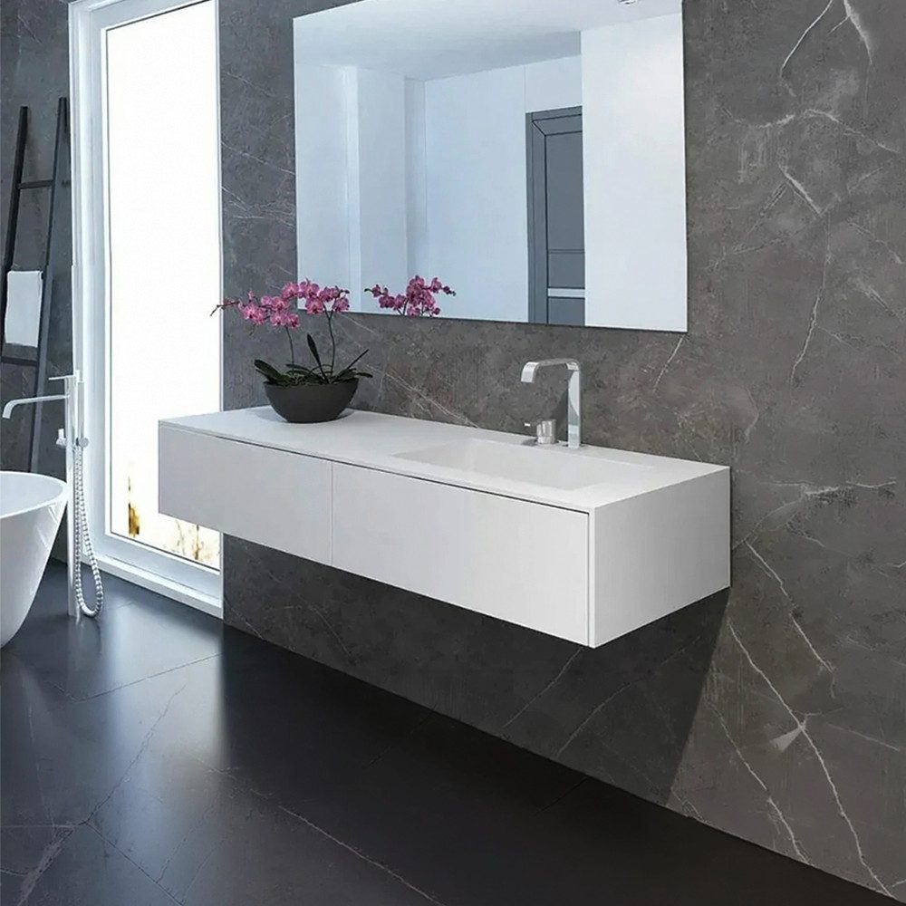 Henneke Waschtisch Corian® PureOne mit Becken eckig und Unterschrank einreihig rechts, Fugenlos aus Mineralwerkstoff