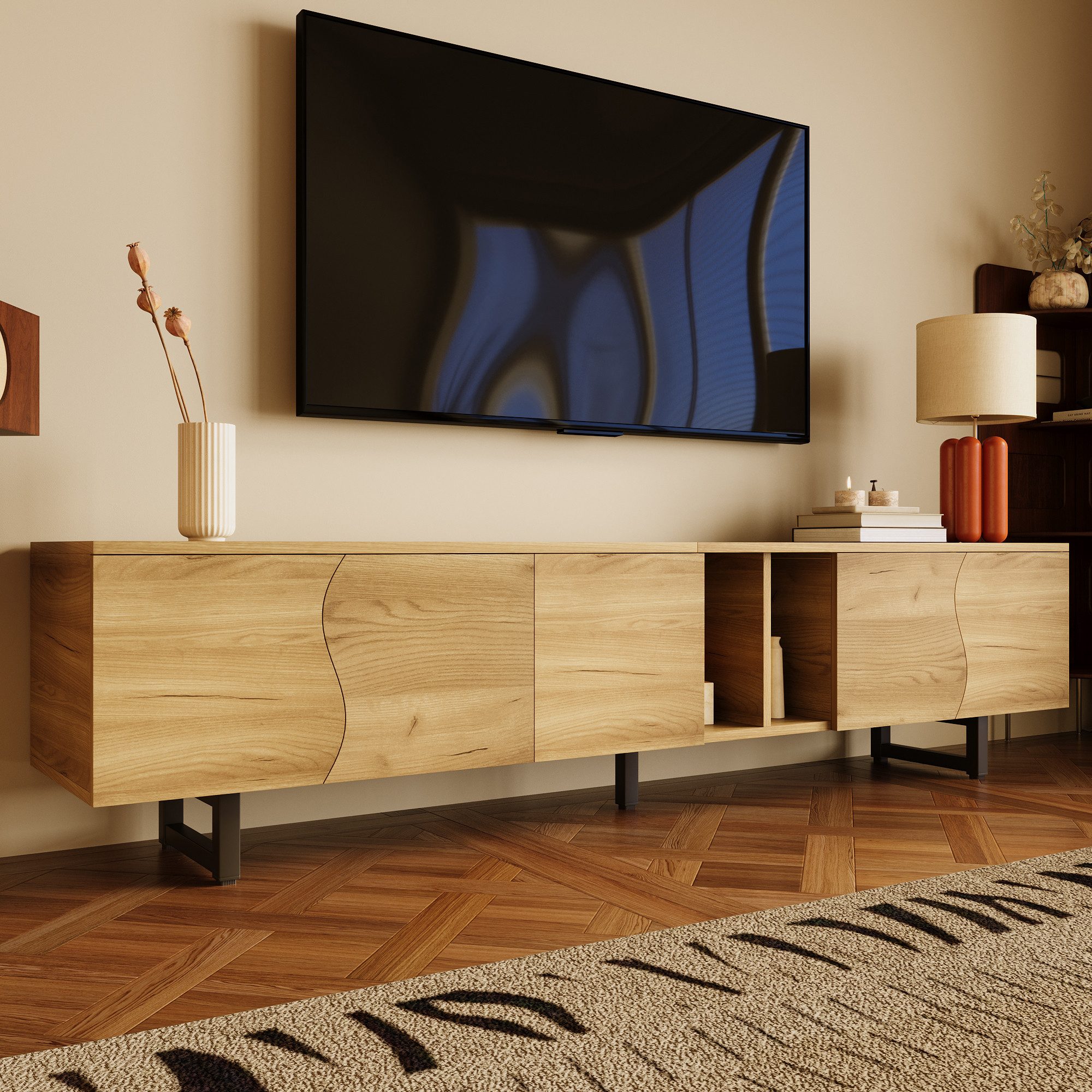 Merax Lowboard mit schlankem Eisenrahmen (1 St., 191 x 38 x 46,5 cm (L x B x H), TV-Ständer TV-Schrank mit geschwungenen Türen & viel Stauraum