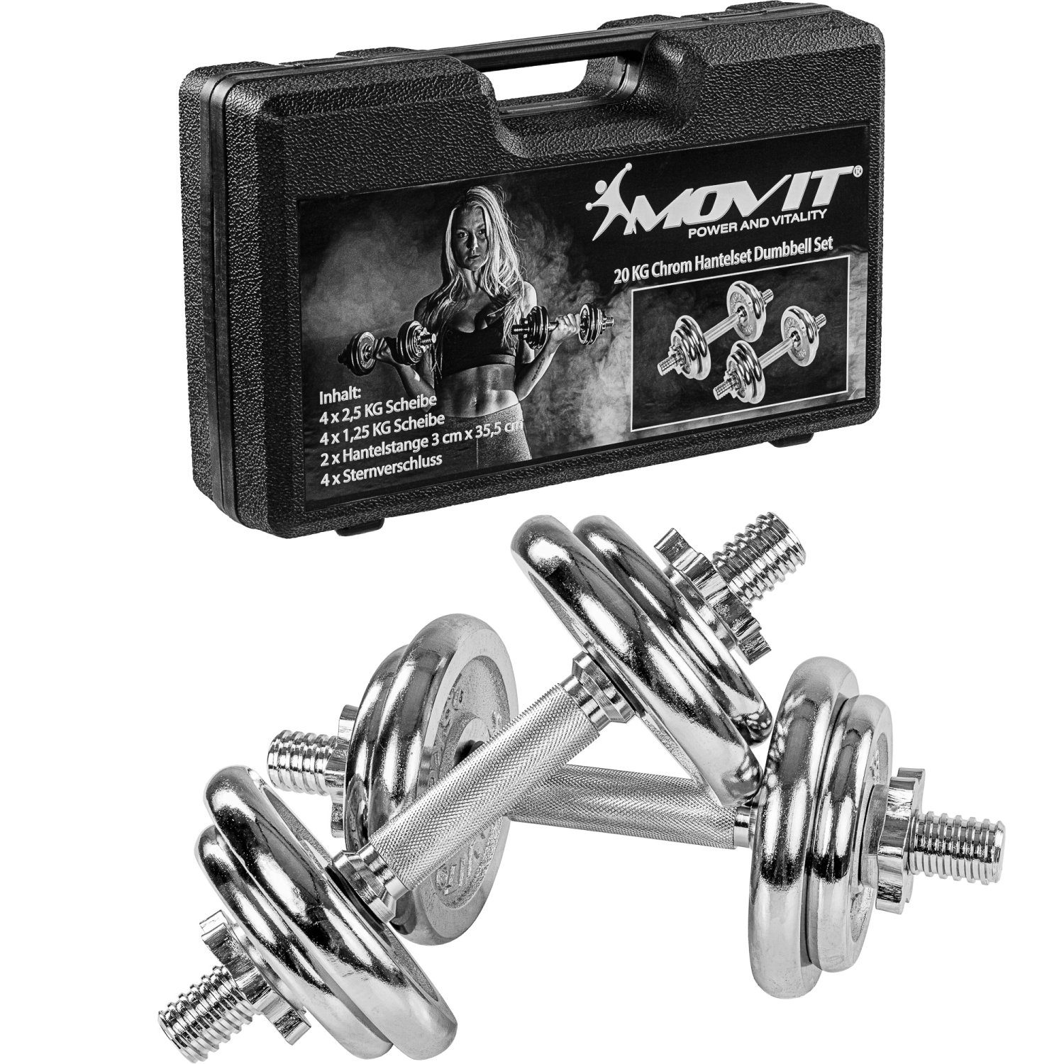 MOVIT Hantel-Set 20kg Kurzhanteln PRO 2er Set im Koffer, (Spar-Set, mit Koffer), Chrom Hanteln, Stange 30mm, Griff gerändelt, Sternverschlüsse