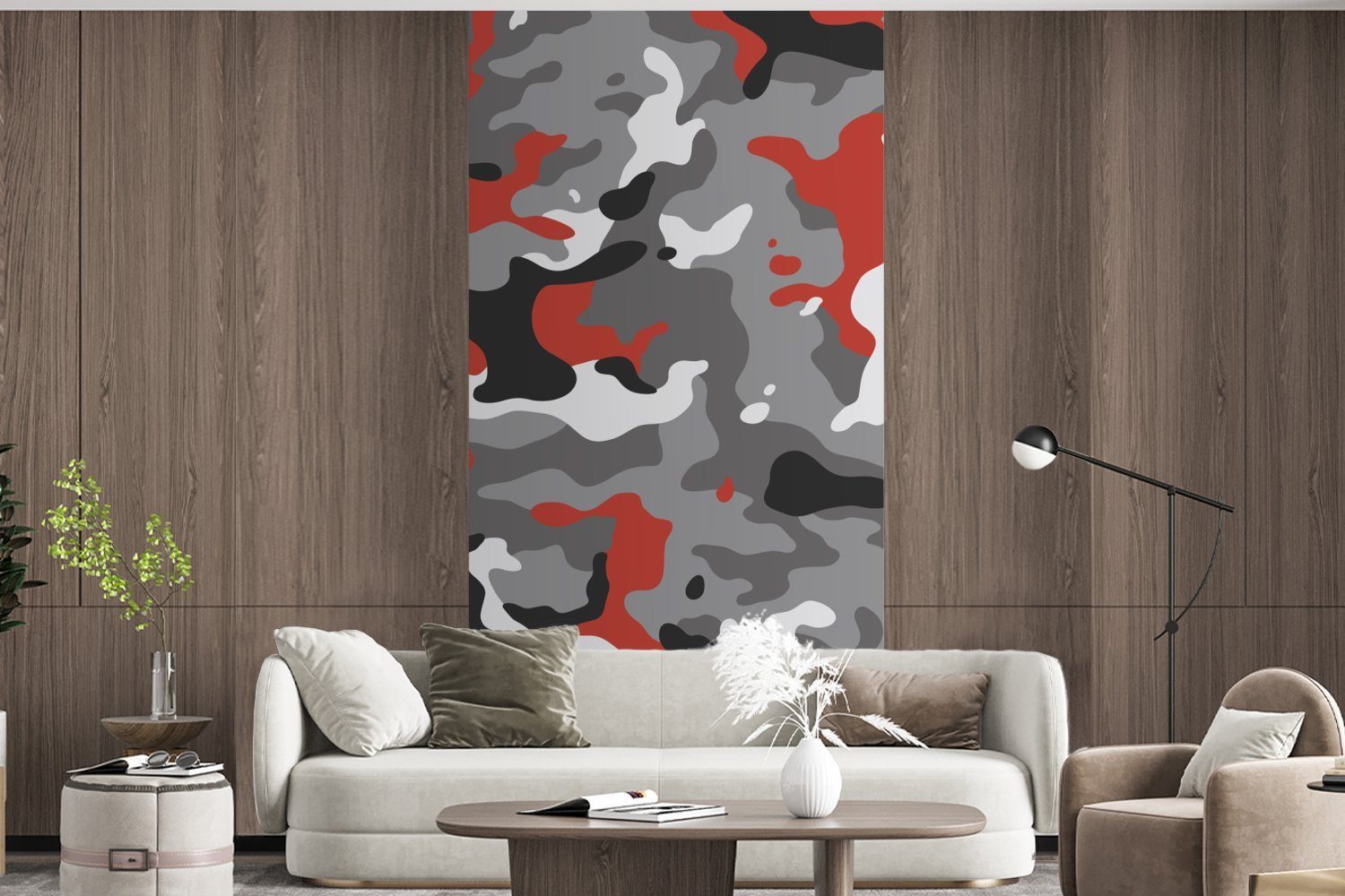 Fototapete Fototapete Schlafzimmer für mit Camouflage-Muster MuchoWow St), (2 Vliestapete Akzenten, Wohnzimmer Matt, Küche, bedruckt, roten