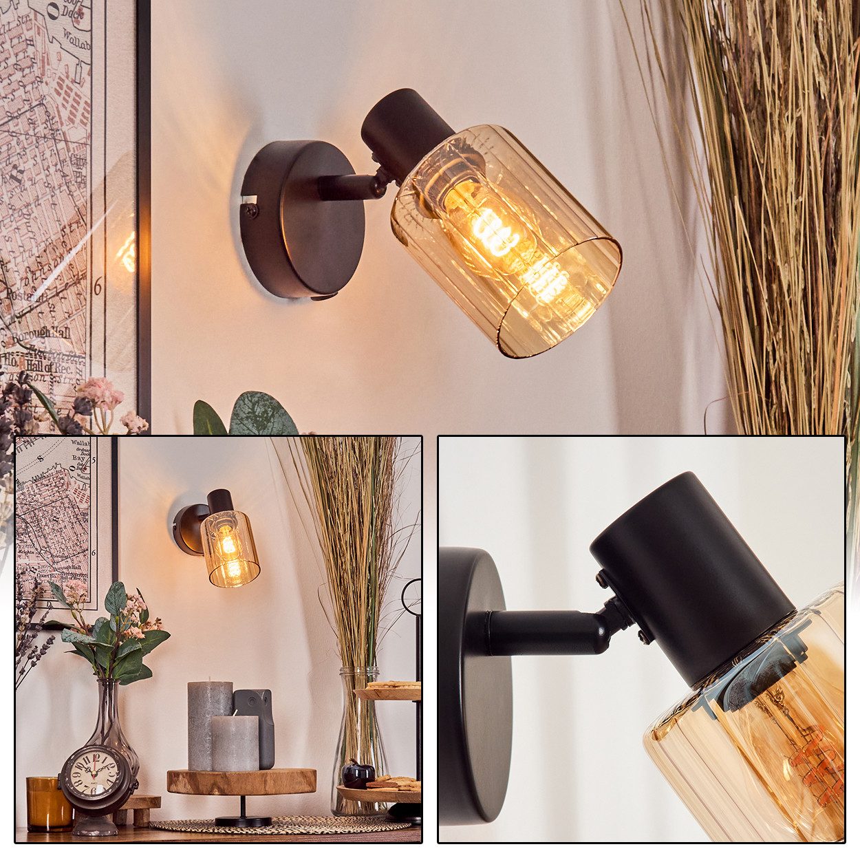 hofstein Wandleuchte verstellbare Wandlampe aus Metall/Glas in Schwarz, ohne Leuchtmittel, Glasschirm (8 cm), 1 x E14, ohne Leuchtmittel