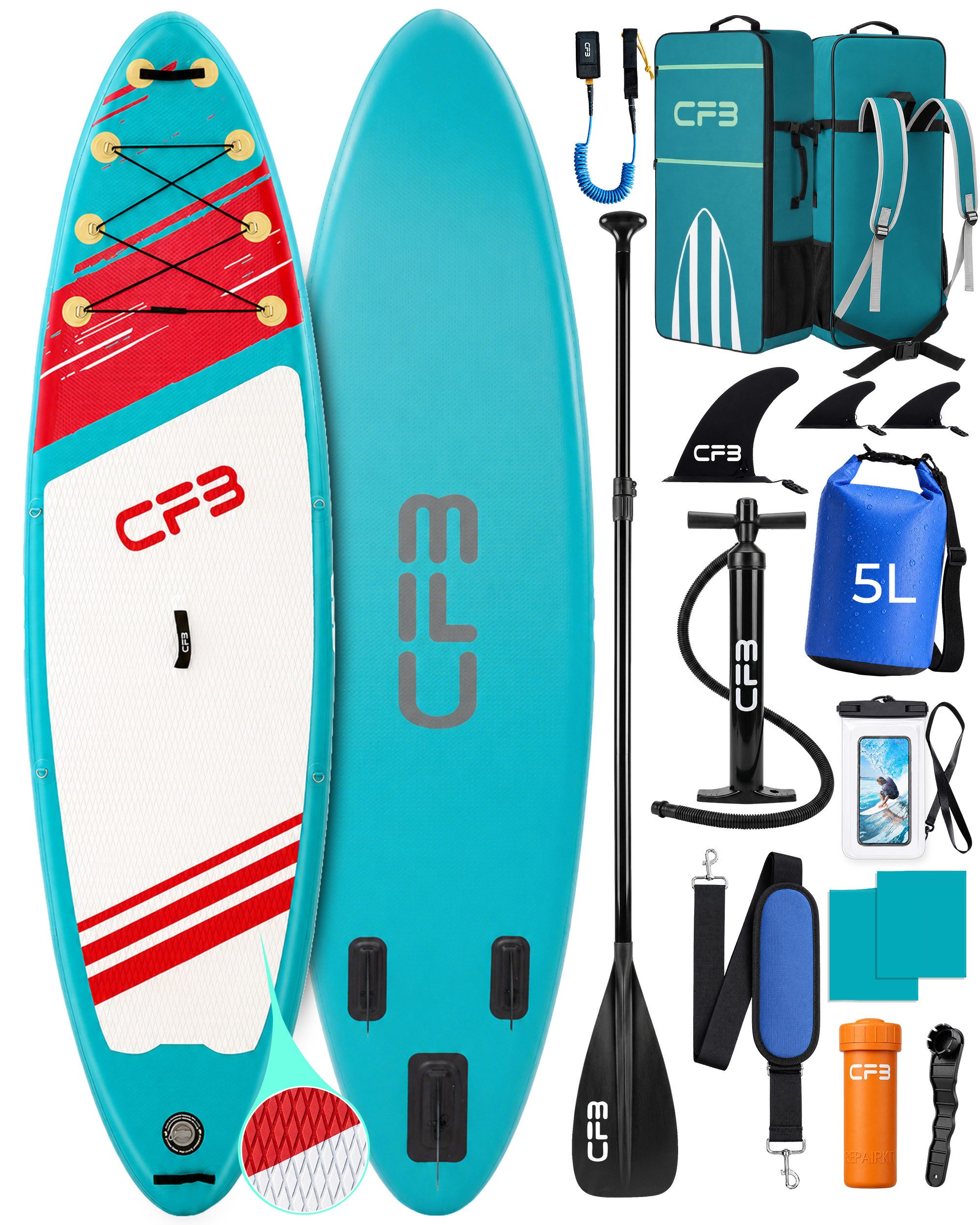CFB SUP-Board Set 320x84x15 cm extra breit, 160 kg Traglast, aufblasbares Stand Up Paddle Board, (Komplett-Set, mit Paddel, Pumpe, Rucksack, 5L Dry Bag und Schultergurt), für Anfänger und Erwachsene