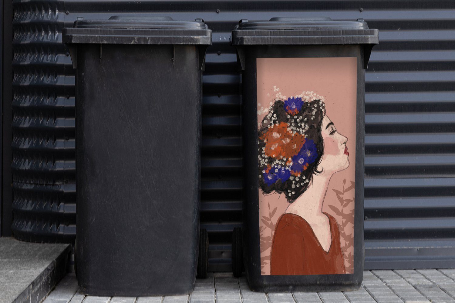 Mülleimer-aufkleber, - - St), Braun Frau Container, Sticker, Blumen - Pastell Porträt (1 MuchoWow Abfalbehälter - Mülltonne, Wandsticker