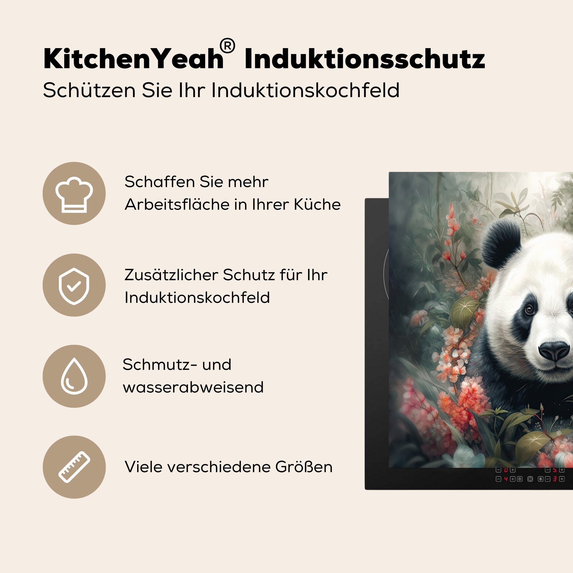 MuchoWow Herdblende-/Abdeckplatte tlg), nutzbar, Ceranfeldabdeckung (1 60x52 Natur, cm, - Wildtiere Mobile Panda - - Vinyl, Blumen Arbeitsfläche
