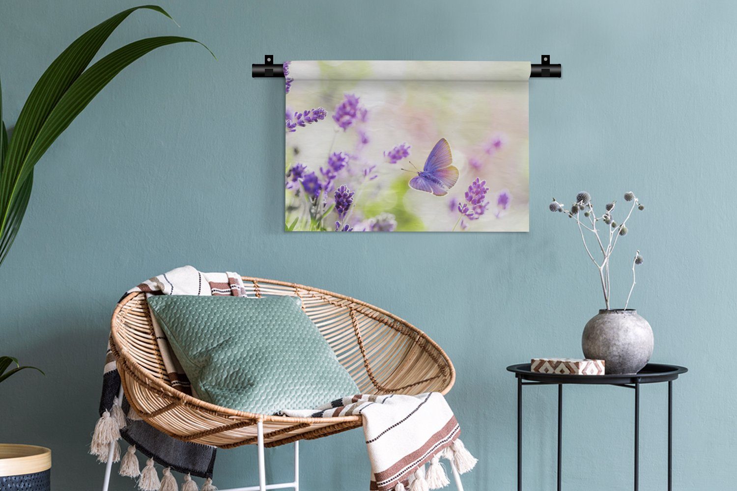 Wanddekoobjekt Blumen, Schlafzimmer, Lavendel - für Wanddeko Wohnzimmer, Schmetterling - Wandbehang, Kleid, Kinderzimmer MuchoWow