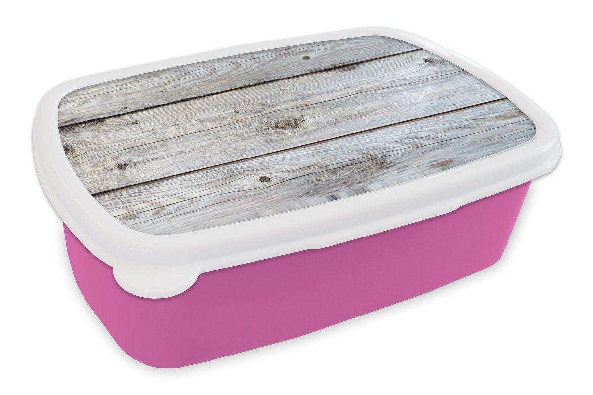 MuchoWow Lunchbox Weiß - Holz - Regale, Kunststoff, (2-tlg), Brotbox für Erwachsene, Brotdose Kinder, Snackbox, Mädchen, Kunststoff rosa