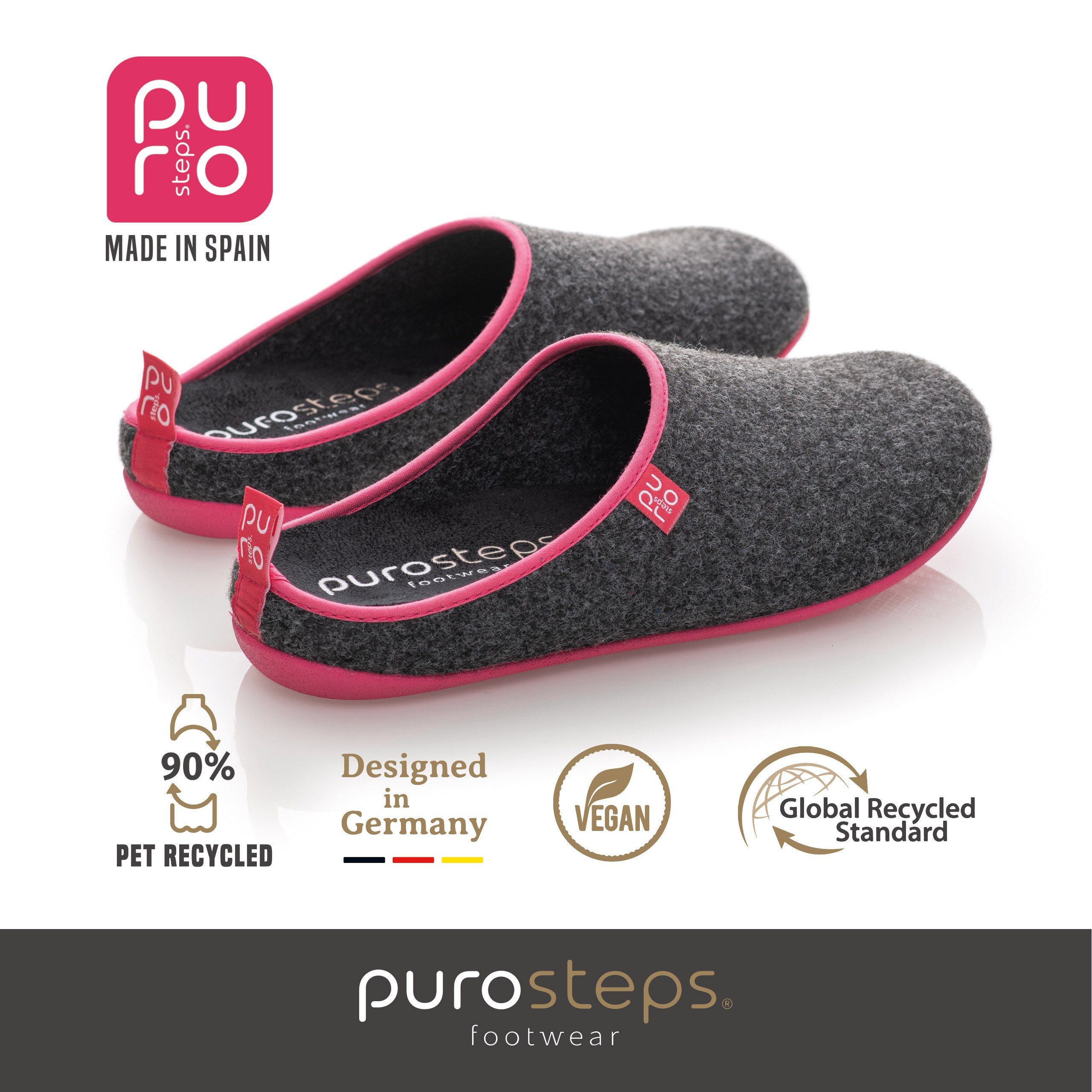 Hausschuh Plomo Fieltro-Eco purosteps Grau-Pink