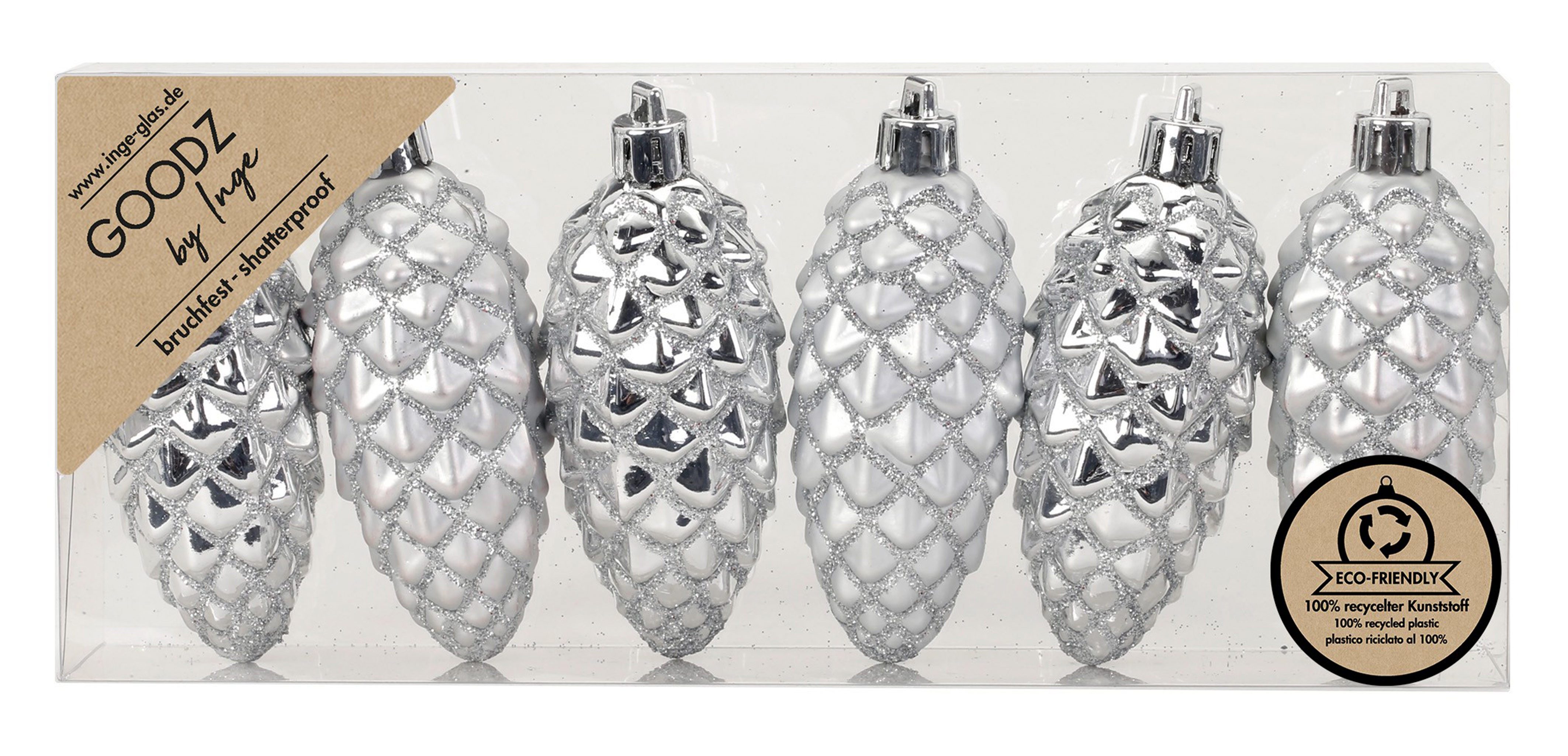 MAGIC by Inge Christbaumschmuck, Christbaumschmuck Zapfen 9cm Kunststoff 6er Set - Silber