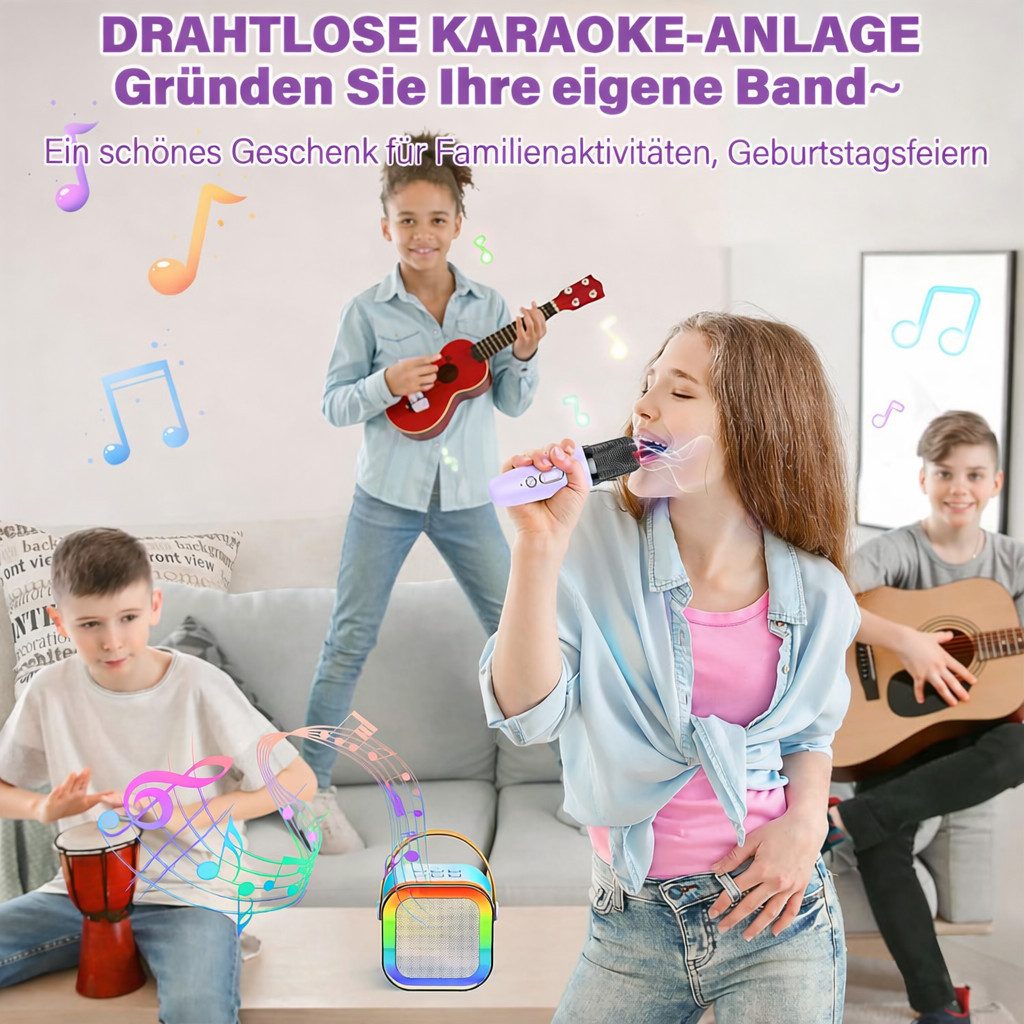 MOPUEA Mini-Karaoke-Set Karaoke-Maschine mit 2 kabellosen Mikrofonen Bluetooth-Lautsprecher (5 W, Partygeschenk, tragbar, Geschenke) – Bild 5 von 5