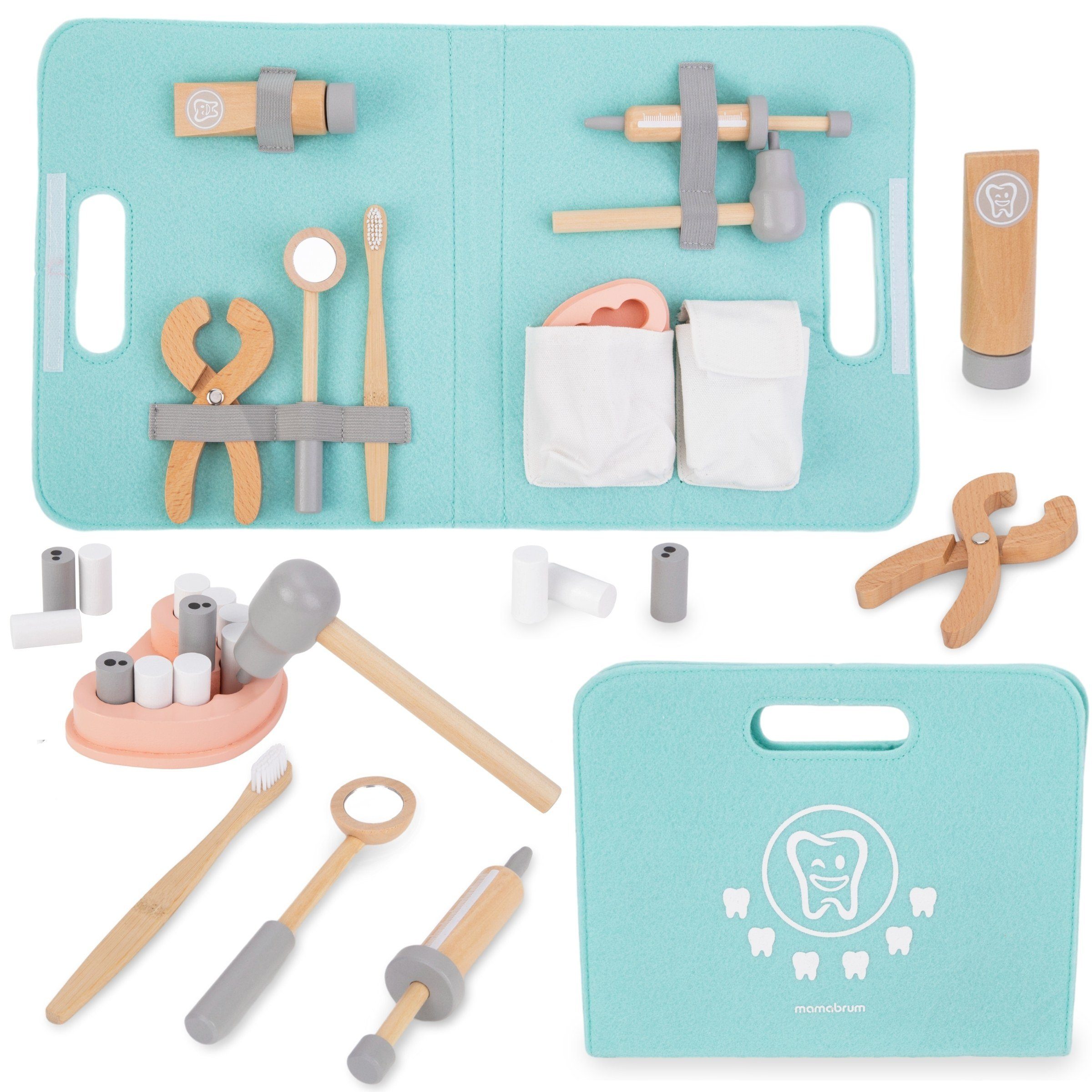 Mamabrum Spielzeug-Arztkoffer Holz-Zahnarzt-Set für Kinder – Interaktives Rollenspiel