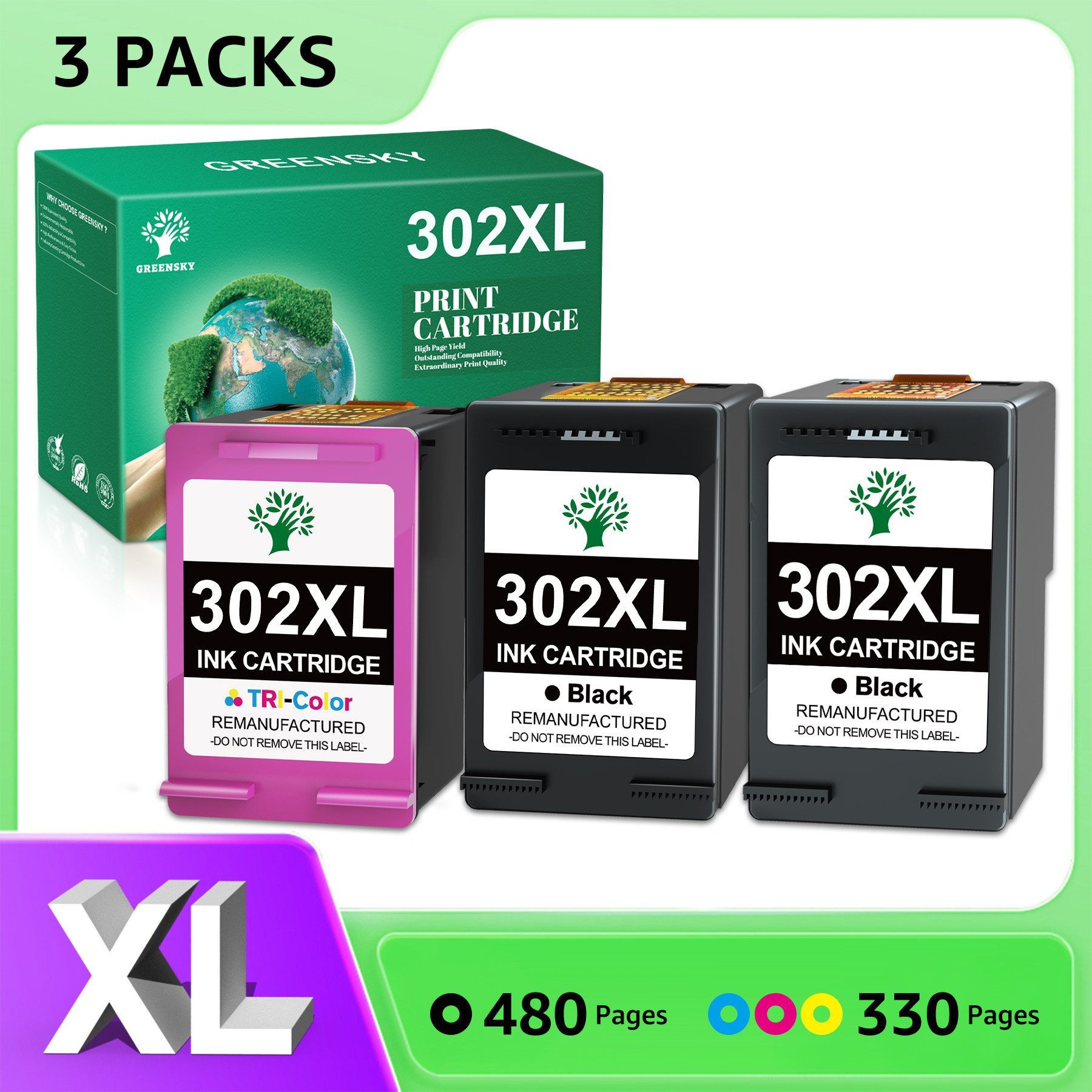 Greensky Druckerpatrone für HP 302 XL Tintenpatrone (Envy 4525 4520 Officejet 3831 5230, 3-tlg)
