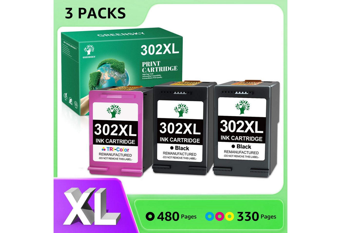 Greensky Druckerpatrone für HP 302 XL Tintenpatrone (Envy 4525 4520 Officejet 3831 5230, 3-tlg)