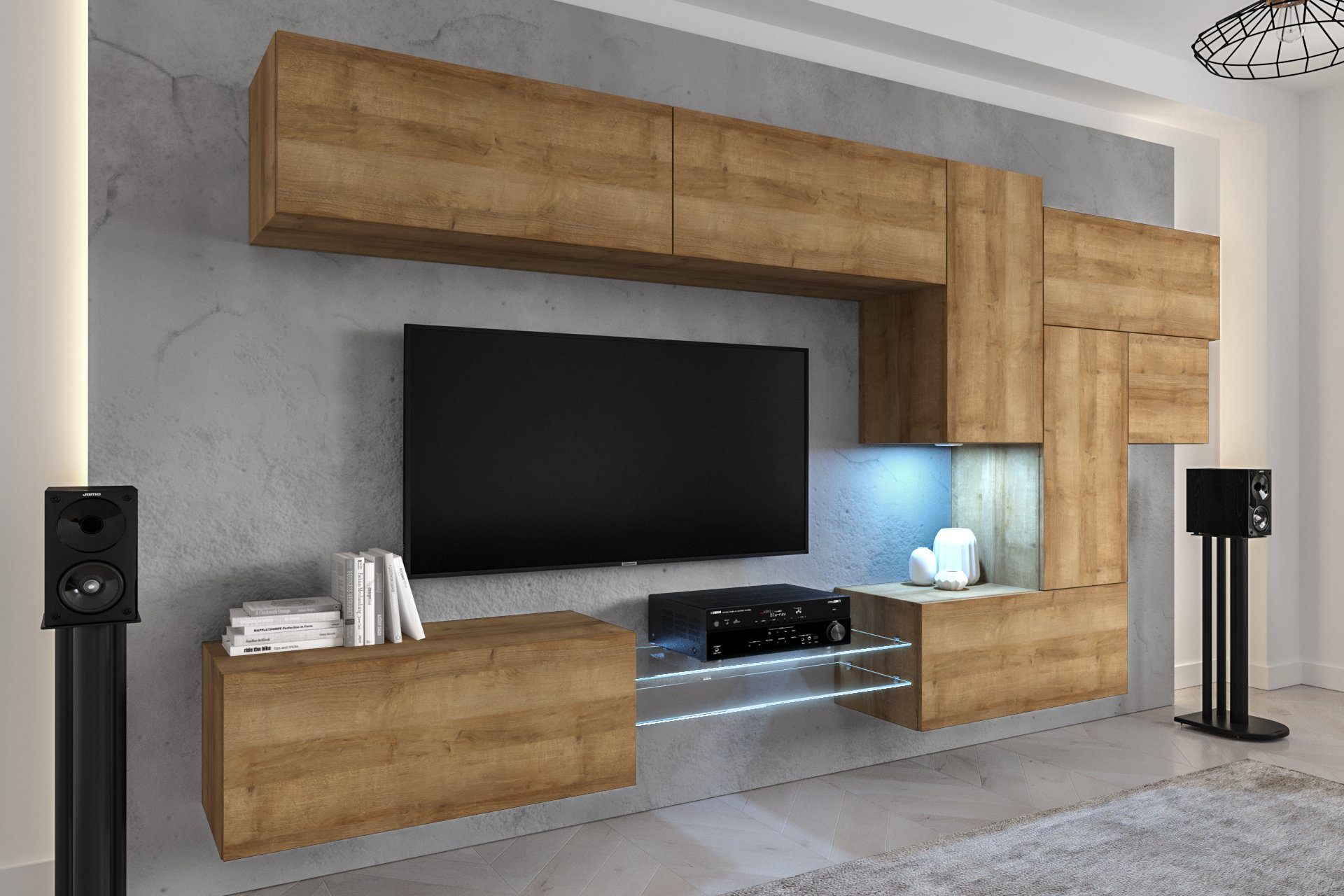 ROYAL24_MARKT Wohnwand - Moderne Wohnzimmer Wohnwand in Premium-Qualität, (Komplett Set, 10-St., NovaStyle), Elegantes Design - Beleuchtung - Qualität und Innovation Gold Eiche - Matt