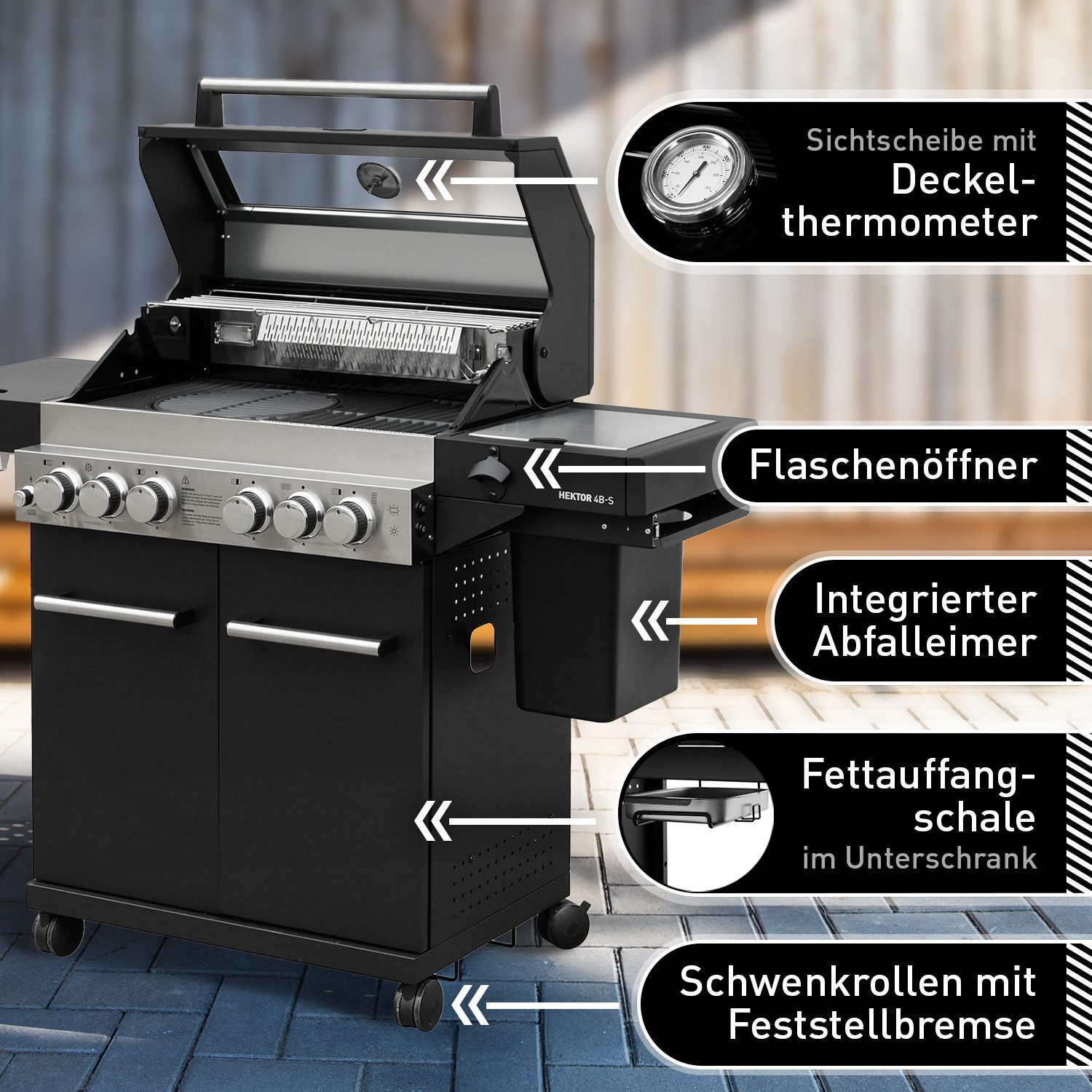 Feuergott Gasgrill FEUERGOTT Gas-Grillstation Hektor 4B-S inkl. Abdeckhaube + Drehspieß