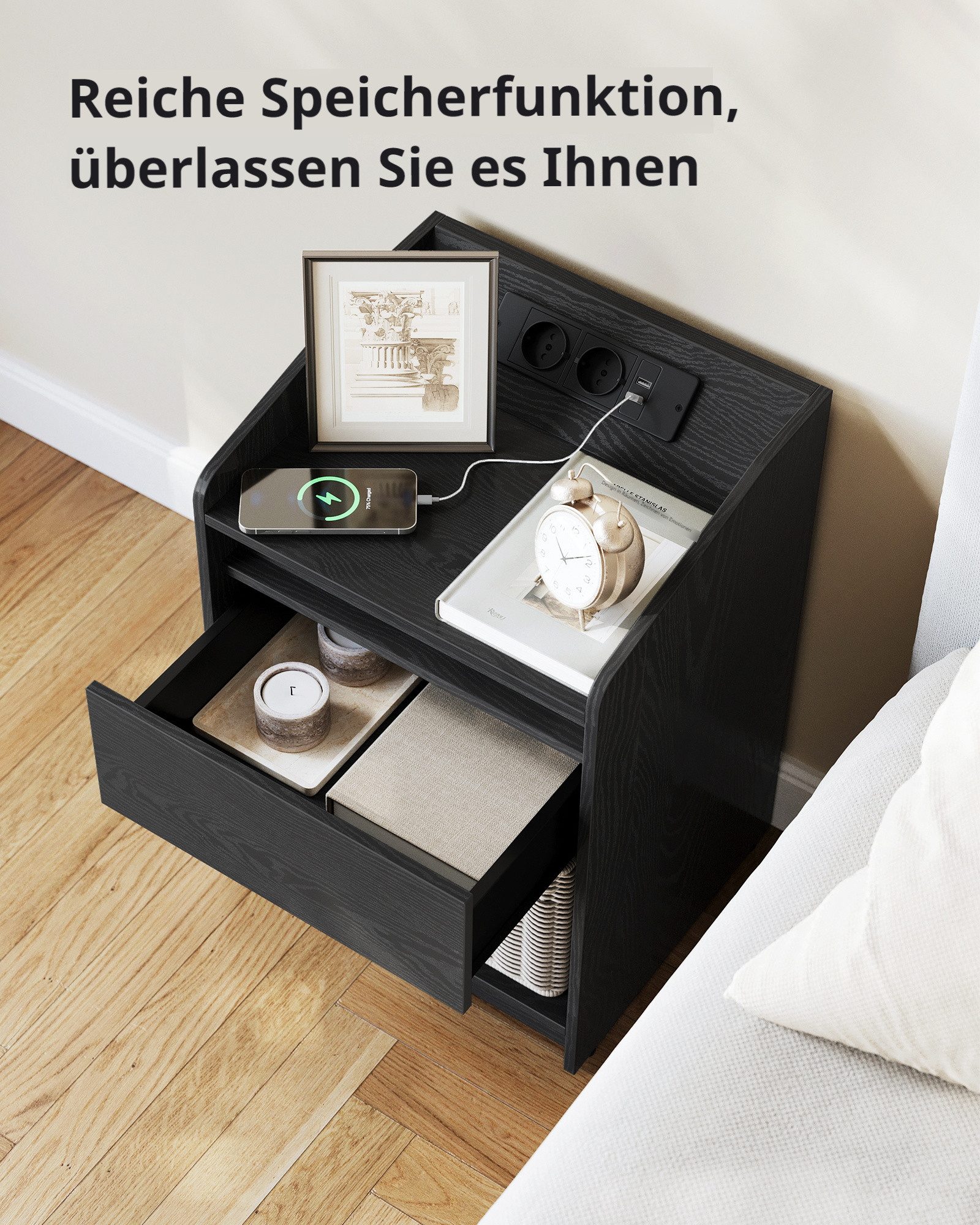 HZUANERI Nachttisch 2er Set, mit LED-Licht - Beistelltisch und Ladestation (2-St), 1 Aufbewahrungsschublade Nachttisch, 2 USB-Anschlüsse, 2 Steckdosen