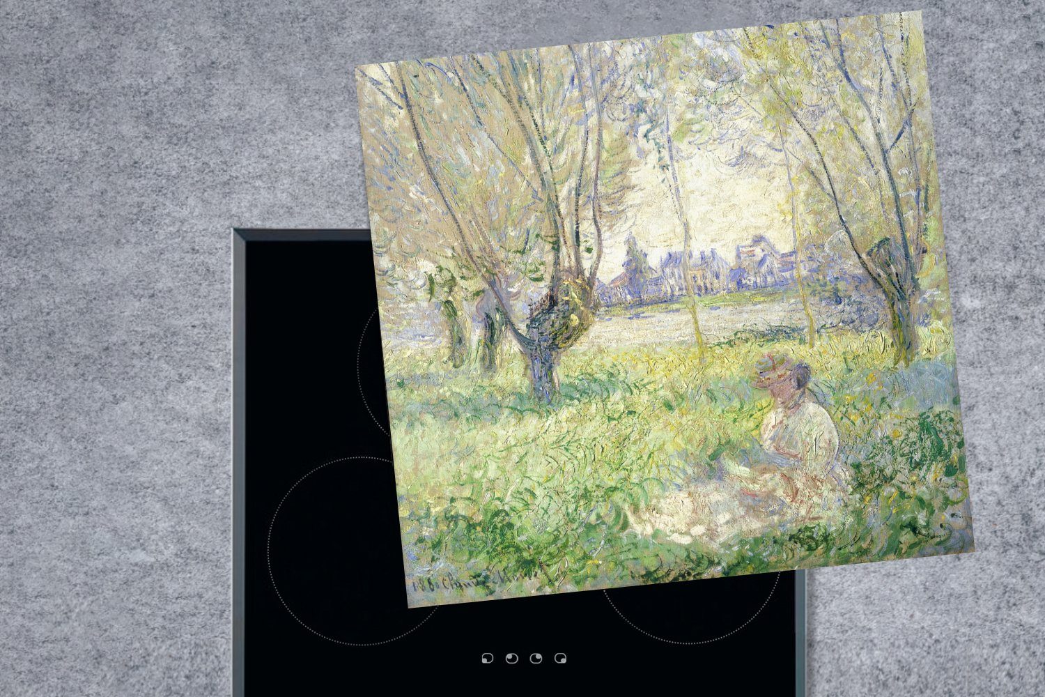 unter Sitzende Monet, Claude Vinyl, 78x78 den tlg), küche cm, für Weiden Frau Herdblende-/Abdeckplatte (1 Arbeitsplatte MuchoWow Ceranfeldabdeckung, -