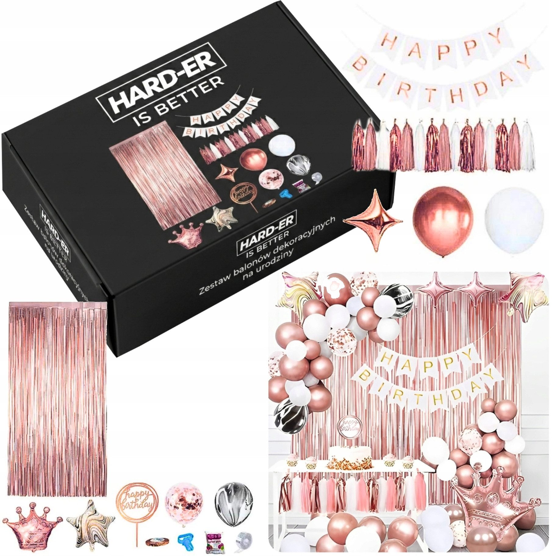 Hard-er Aufblasbares Partyzubehör Ballonset 65-teilig Rose Gold mit Kronen, Sternen und Banner, komplettes Dekoset für Geburtstage und festliche Partydekorationen