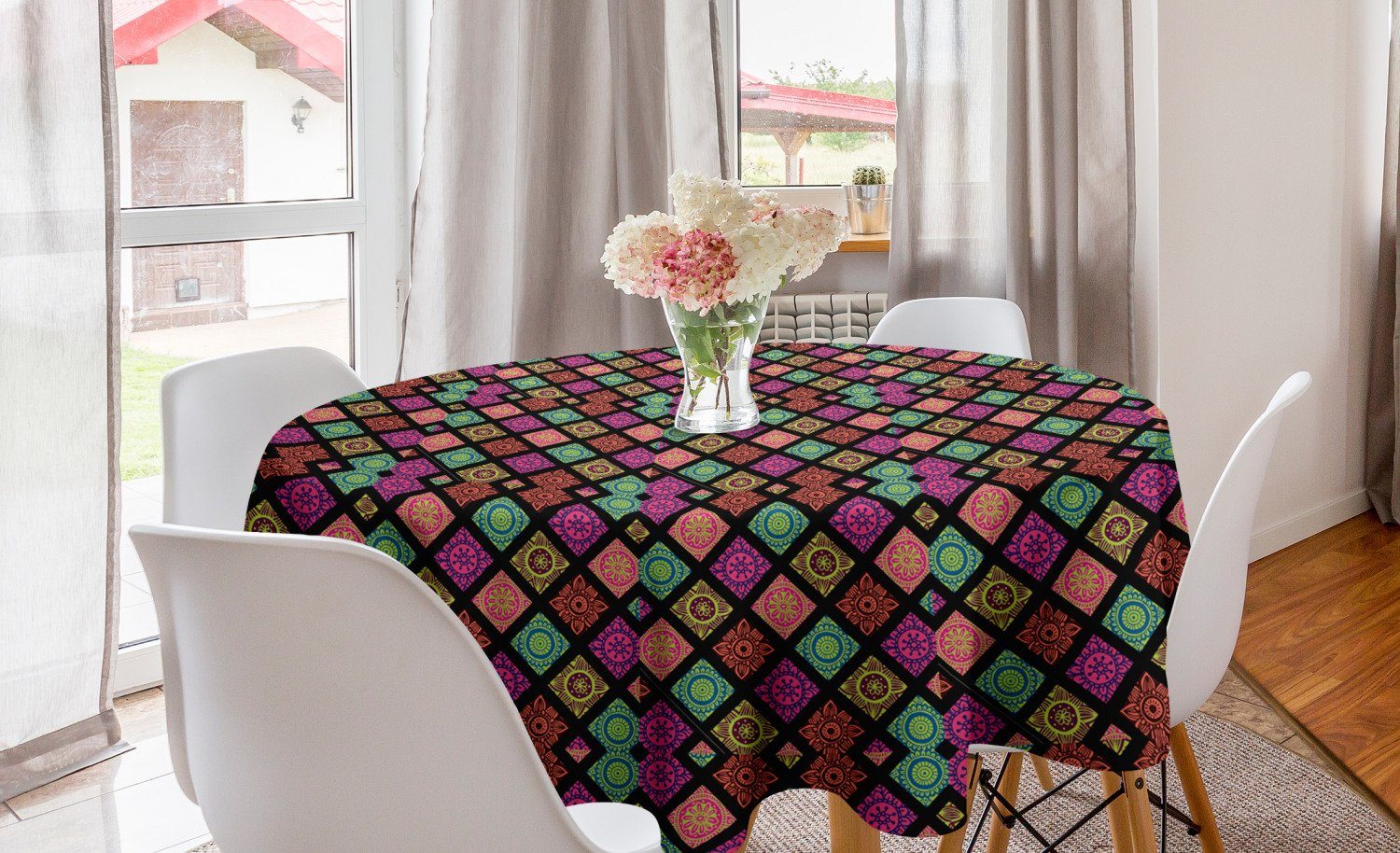 Abakuhaus Tischdecke Kreis Tischdecke Abdeckung für Esszimmer Küche Dekoration, Ethnisch Blumen-Mandala-Fliese Bunte