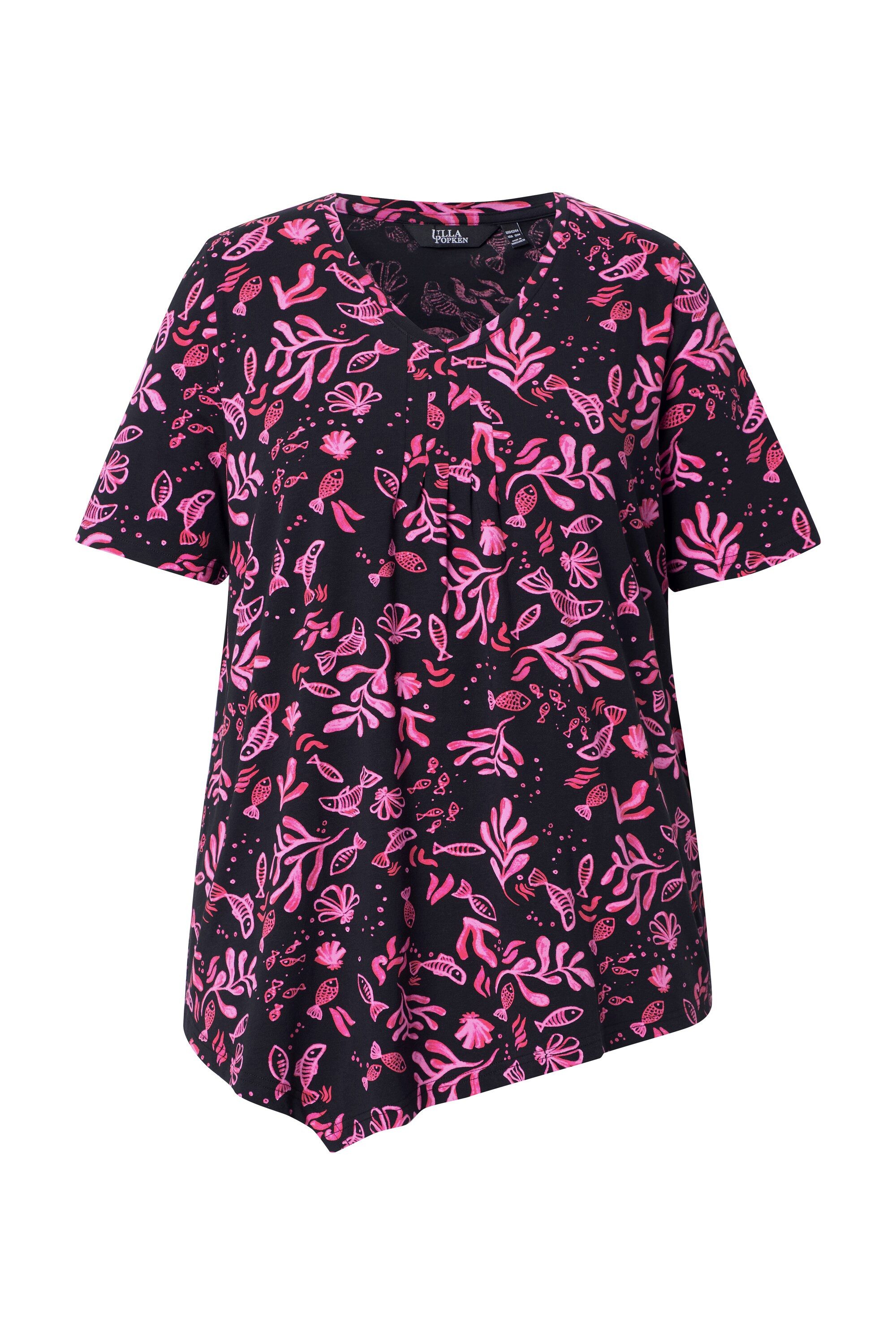 T-Shirt T-Shirt Blüten Zipfelsaum V-Ausschnitt Halbarm