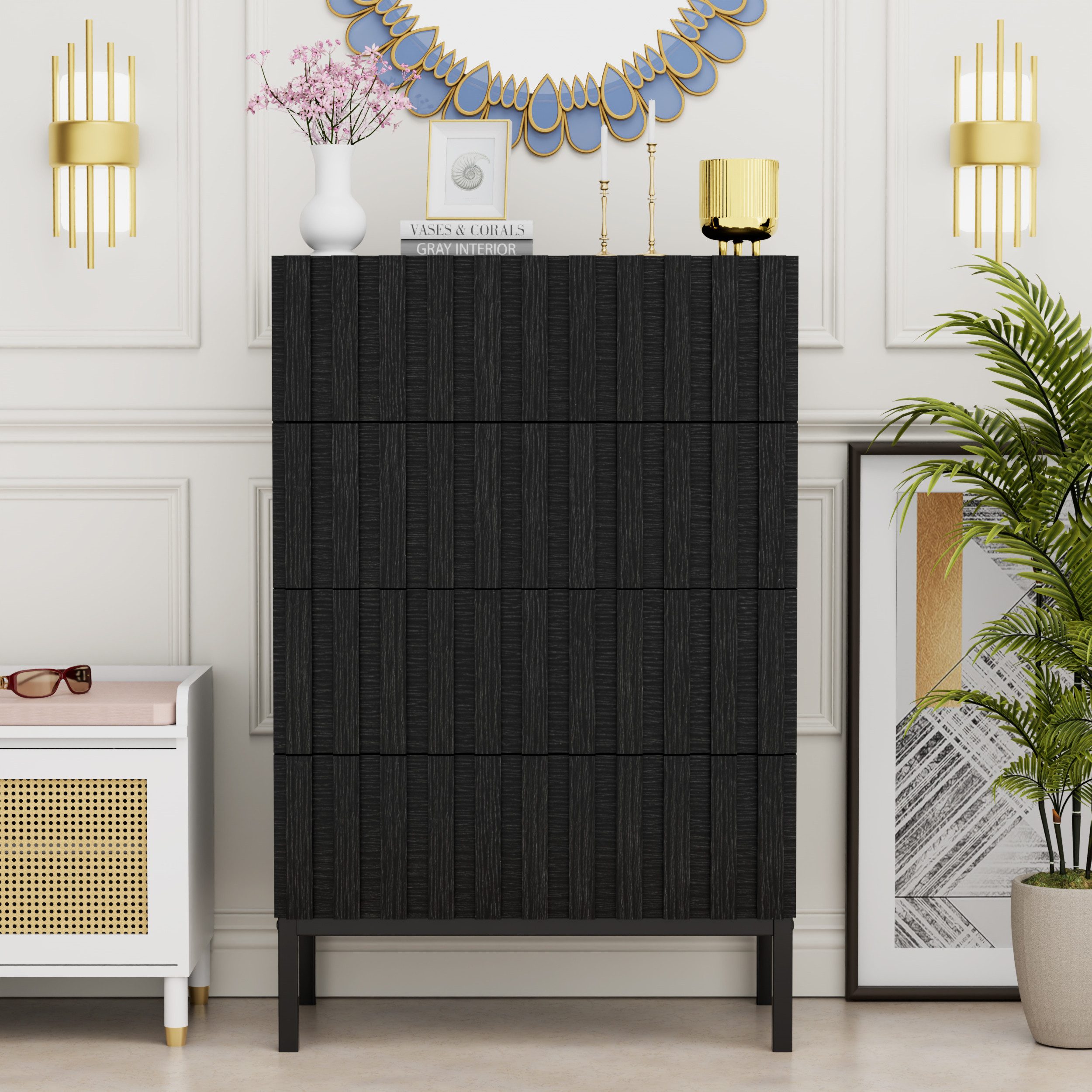 UEV Kommode schmal mit 4/5 Schublanden Sideboard Beistellschrank Buffet (Aufbewahrungskommode, Mehrzweckschrank aus Holz(Natur/Schwarz/Dunkelbraun), Schrank für Wohnzimmer,Schlafzimmer,Flur