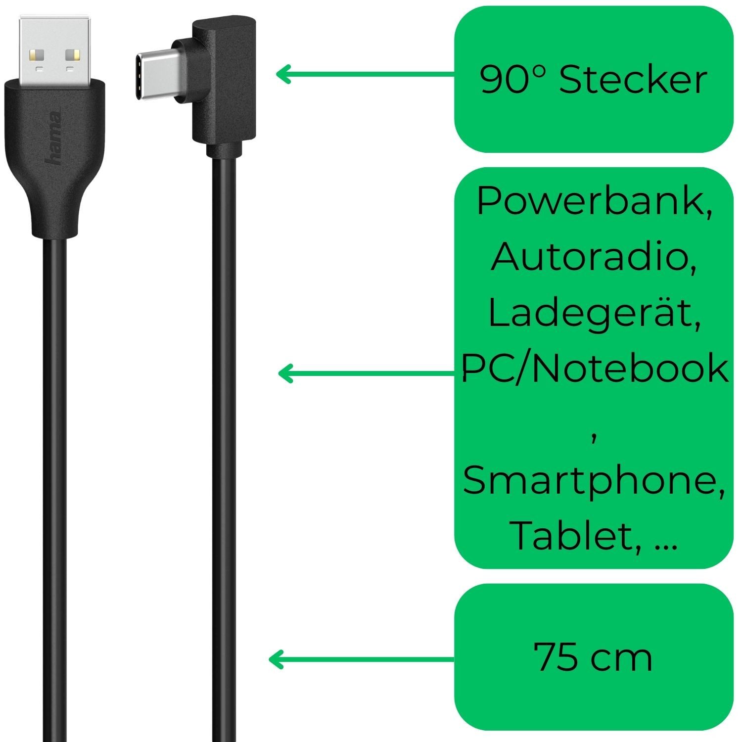 Hama USB-C auf USB-A USB-Kabel 3A 0,75m 75cm Kurz USB-Kabel, USB-A, USB-C, (75 cm), USB-A-Stecker zu C-Stecker Schnell Laden für PC Smartphone Powerbank