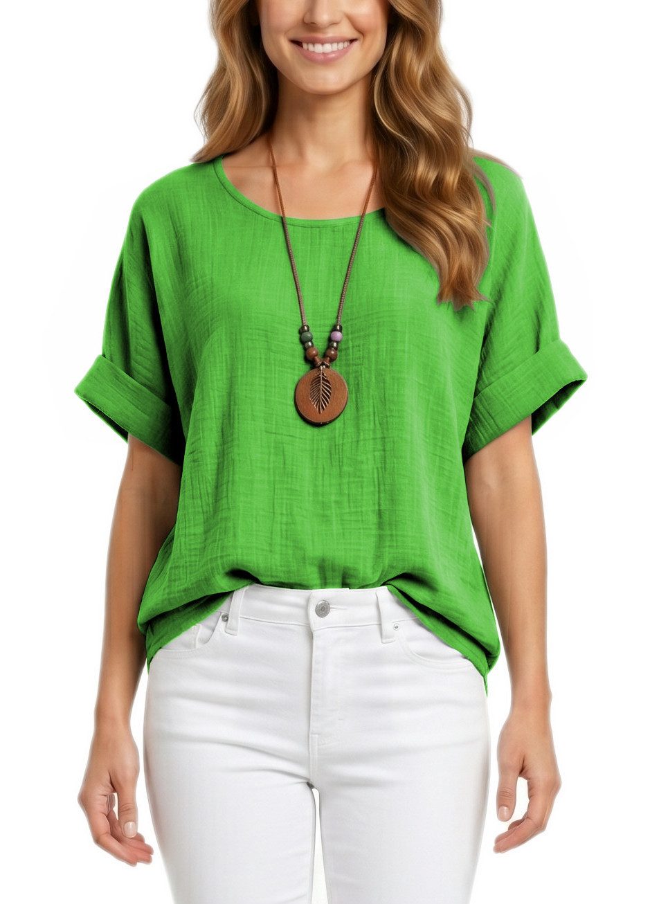 dy_mode Kurzarmbluse Damen Kurzarm Bluse Leichte Sommer Tunika Baumwollbluse Oberteil in Unifarbe, mit passende Kette