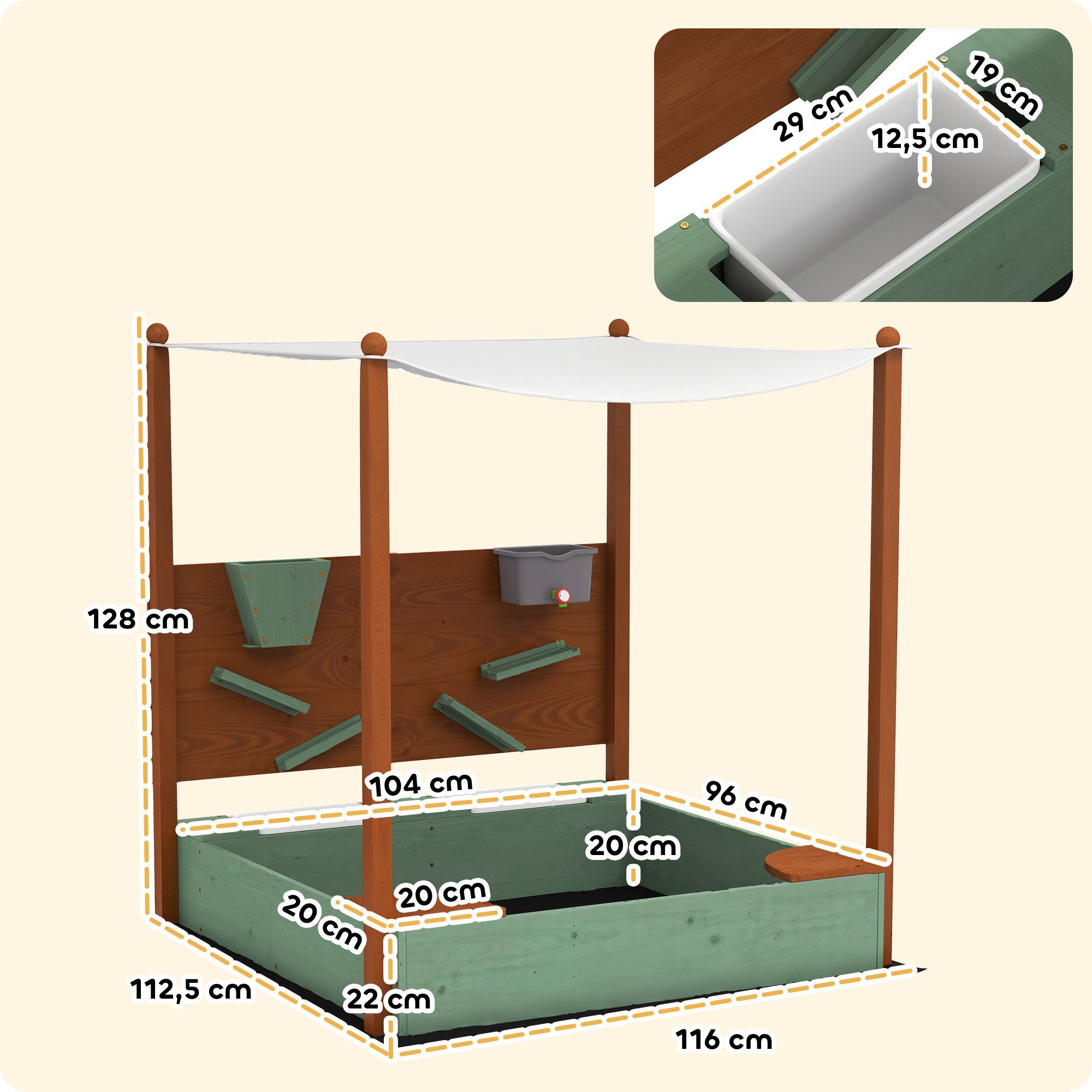 AIYAPLAY Sandkasten Sandbox mit Sandspielzeug Sitzbänken Bodenvlies für Outdoor Garten, (Sandkiste aus Holz, 1-tlg., 116 x 112,5 cm Sandbox mit Dach), für 3-6 Jahre Kinder Grün