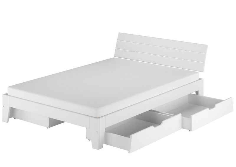 ERST-HOLZ Bett Weißes Doppelbett 140x200 Kiefer massiv Schubladenset Zubehör wählbar, Kieferwaschweiß