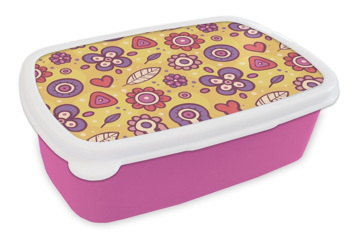 MuchoWow Lunchbox Muster - Blumen - Lila - Orange, Kunststoff, (2-tlg), Brotbox für Erwachsene, Brotdose Kinder, Snackbox, Mädchen, Kunststoff rosa