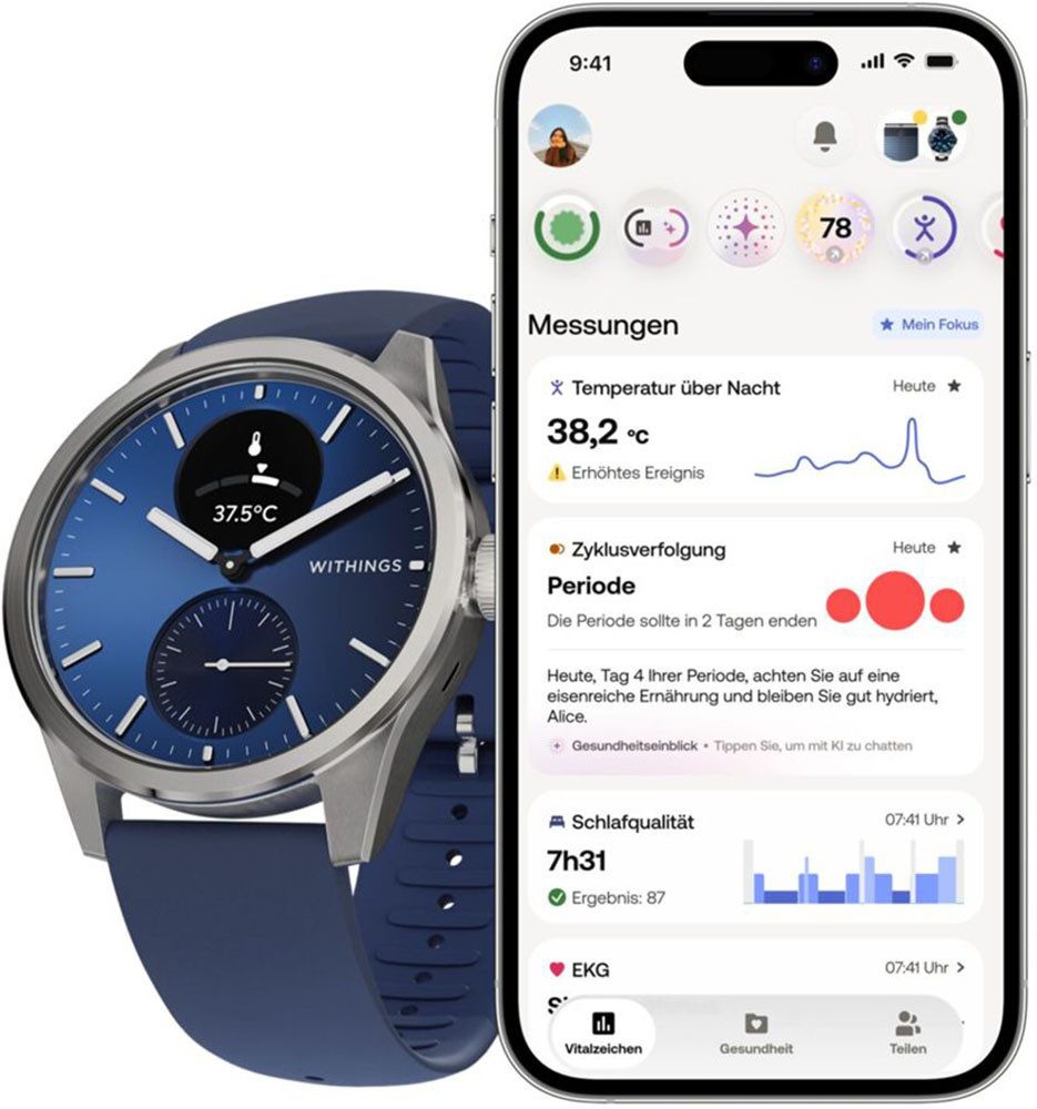 Withings Scanwatch 2 - Hybrid Smartwatch mit Überwachung der Herzgesundheit - Blau und 42 mm Blue