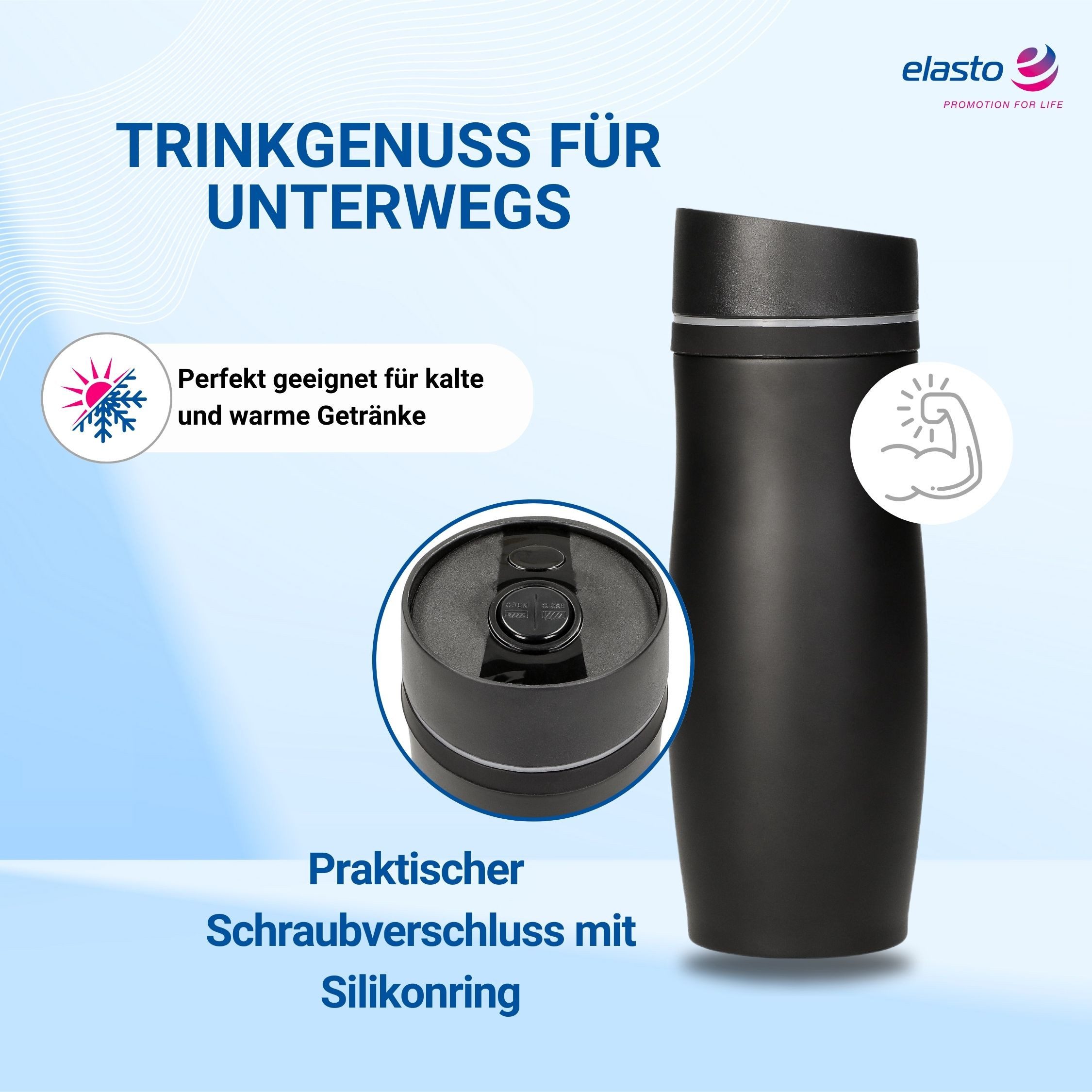 elasto Thermobecher 350 ml doppelt isolierter Kaffeebecher aus Edelstahl, Isolierbecher, Teebecher, Heißgetränke, Coffee mug, Stylisch, Robust