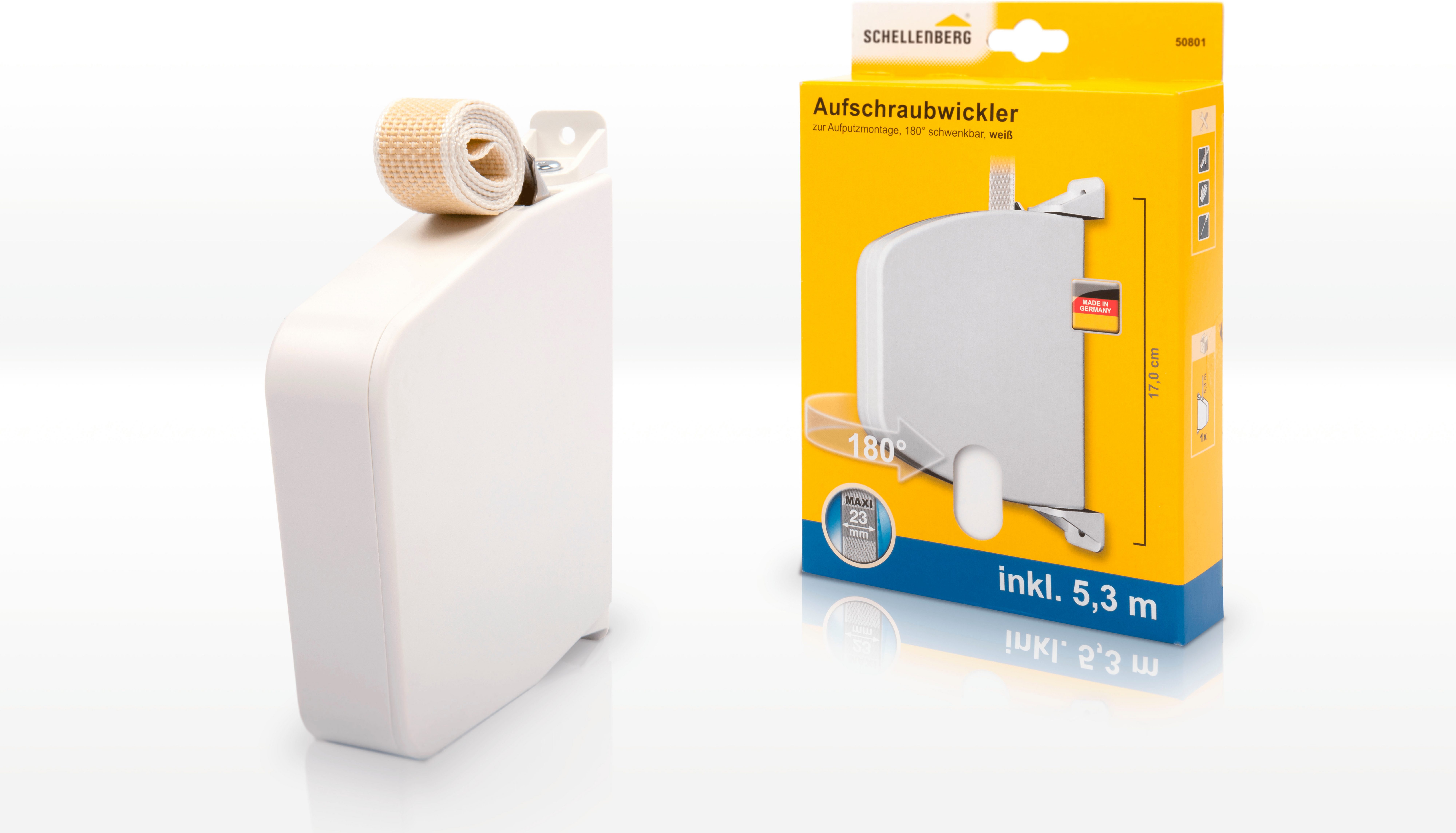 SCHELLENBERG Aufputz-Gurtwickler Aufschraubwickler für das Rollladensystem Maxi, Set, 1-tlg., schwenkbar, mit vormontiertem Rollladengurtband, weiß oder braun